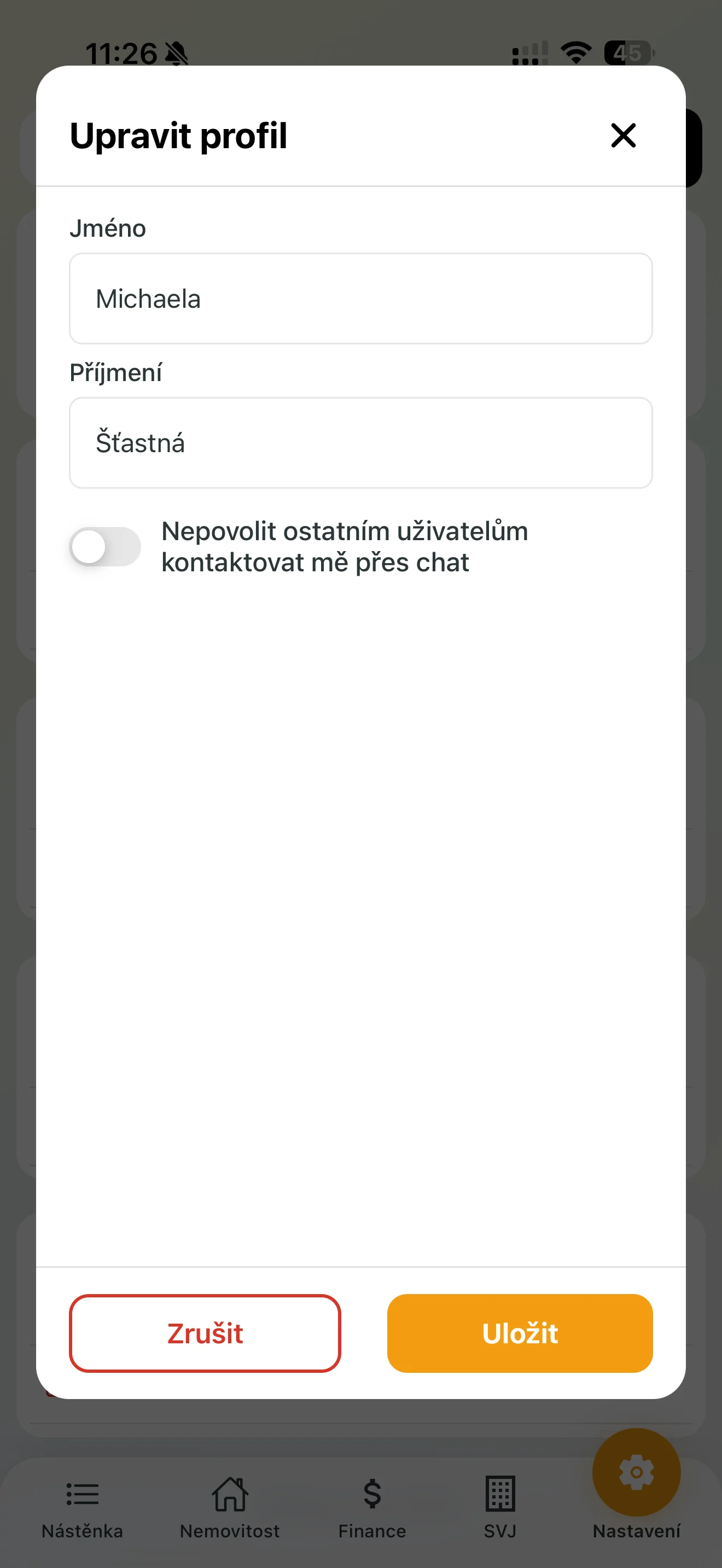 Nastavení soukromí chatu v profilu uživatele