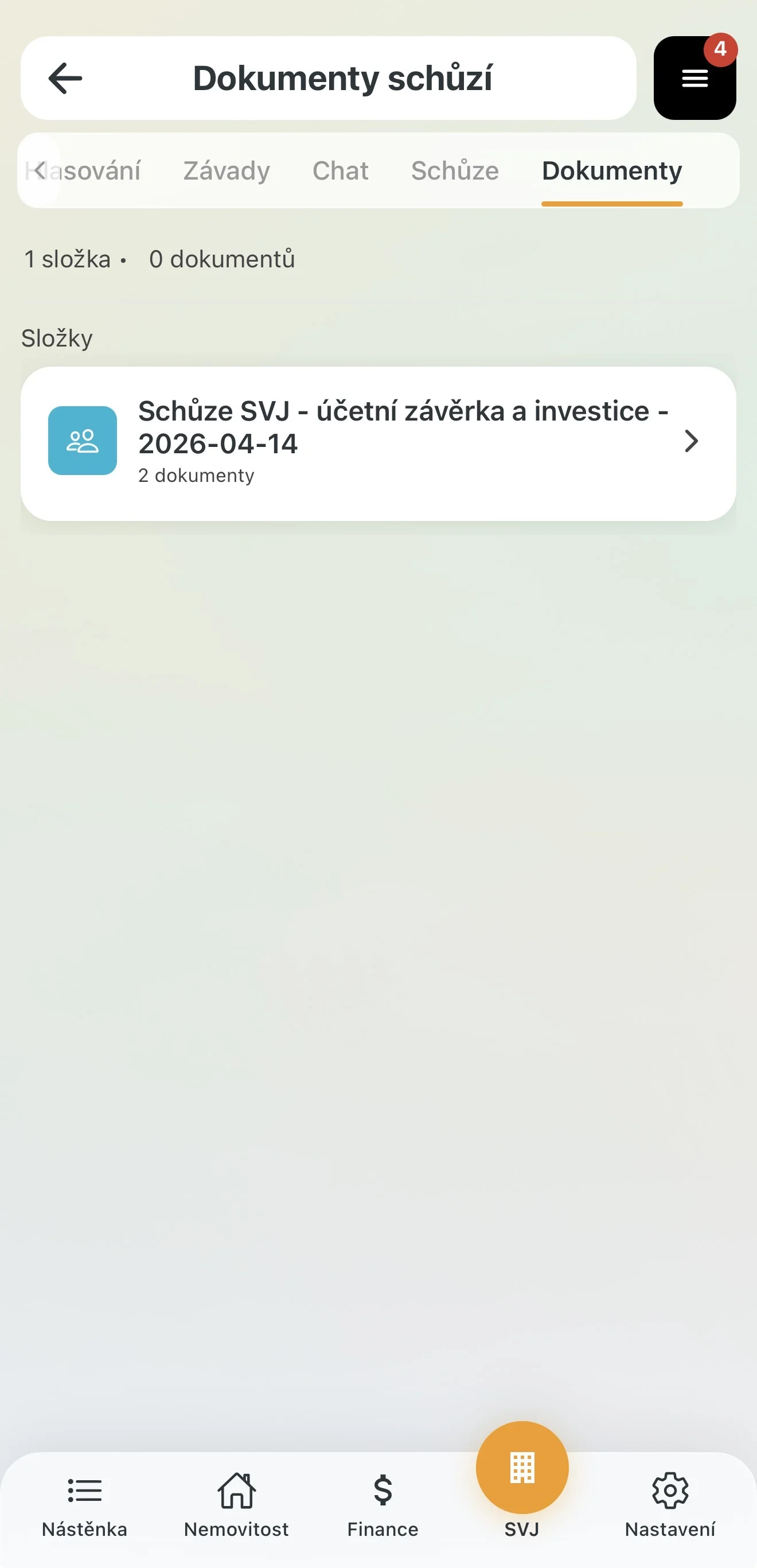 Přehled složek v modulu Dokumenty