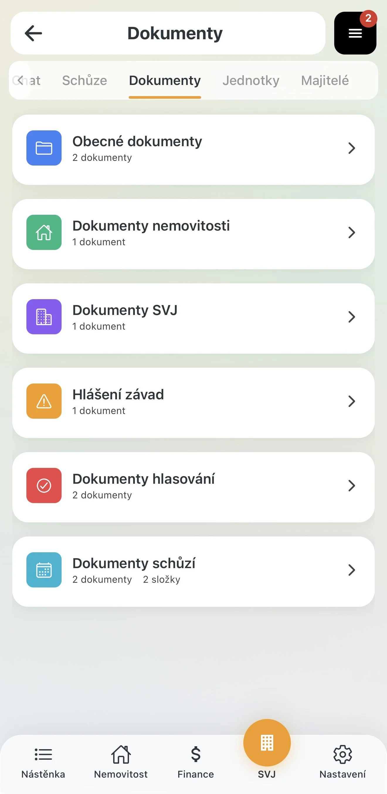 Přehled složek v modulu Dokumenty
