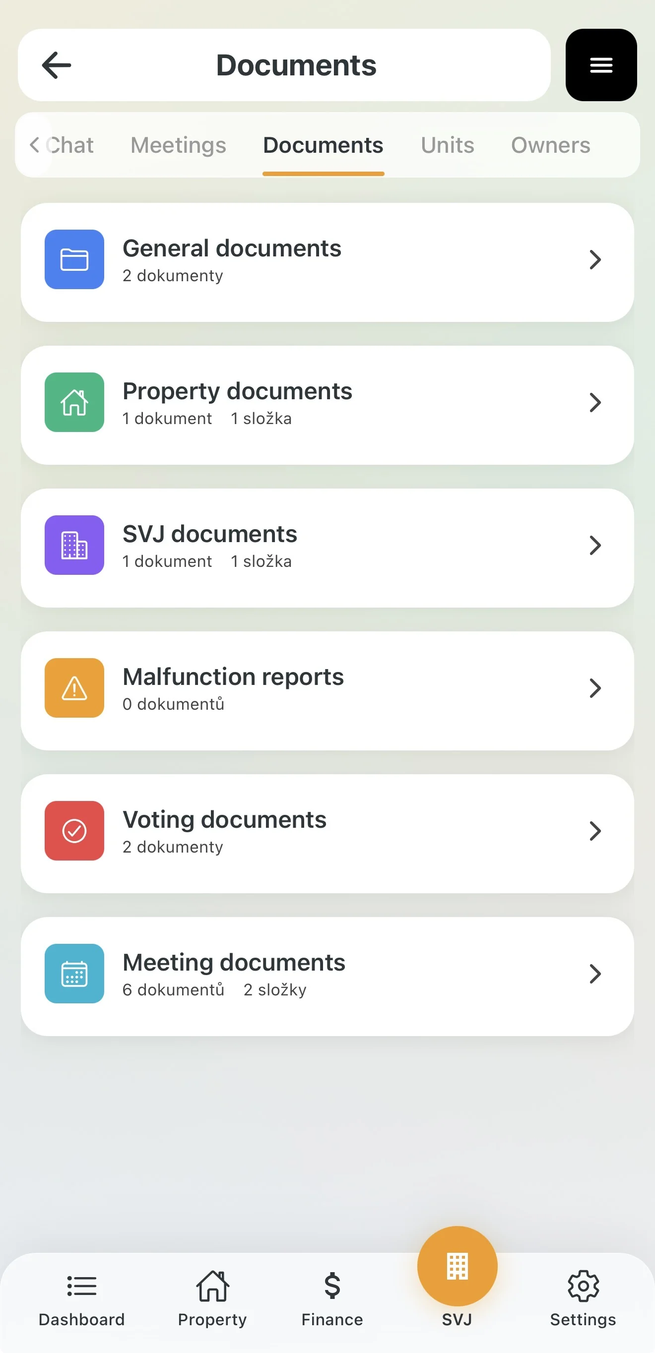 Folder overview in the Documents module