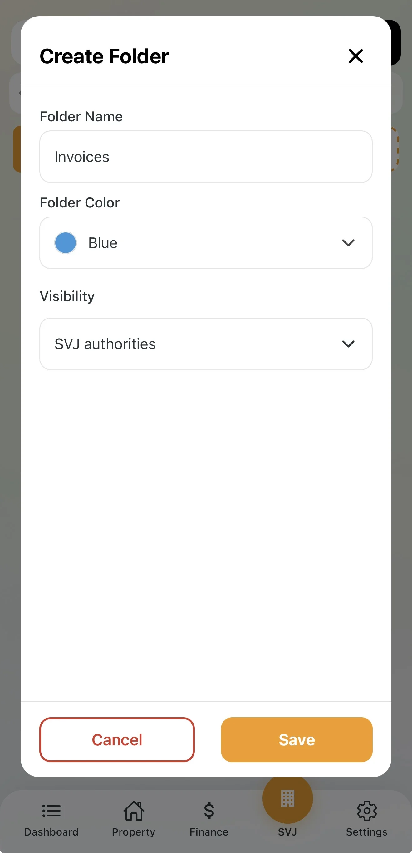 Form for creating a new folder