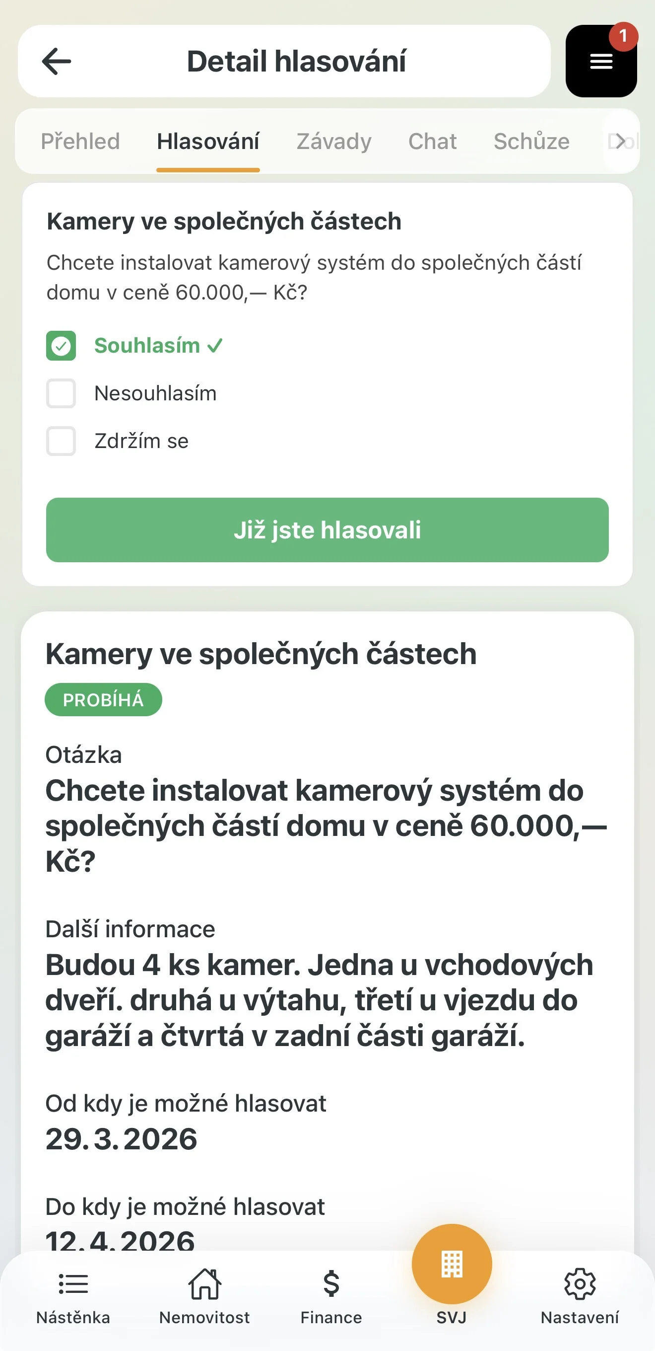 Detail hlasování s otázkou a přiloženými dokumenty