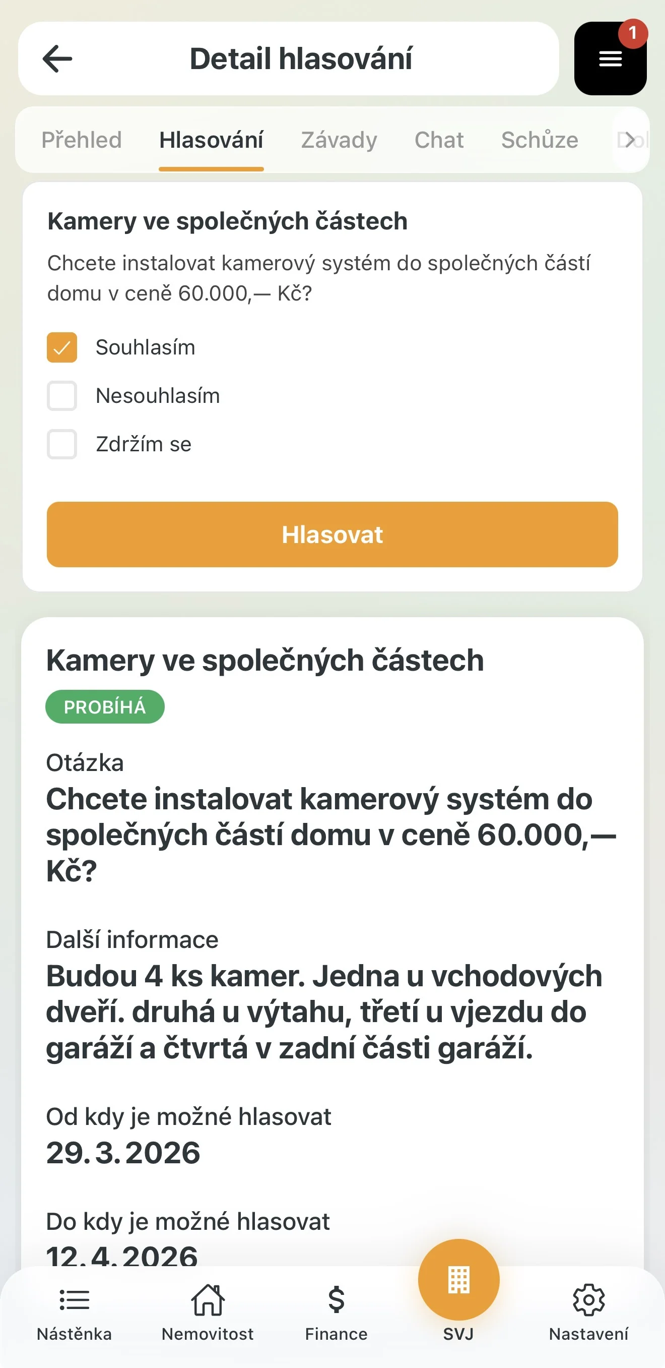 Výběr hlasovací možnosti a potvrzení