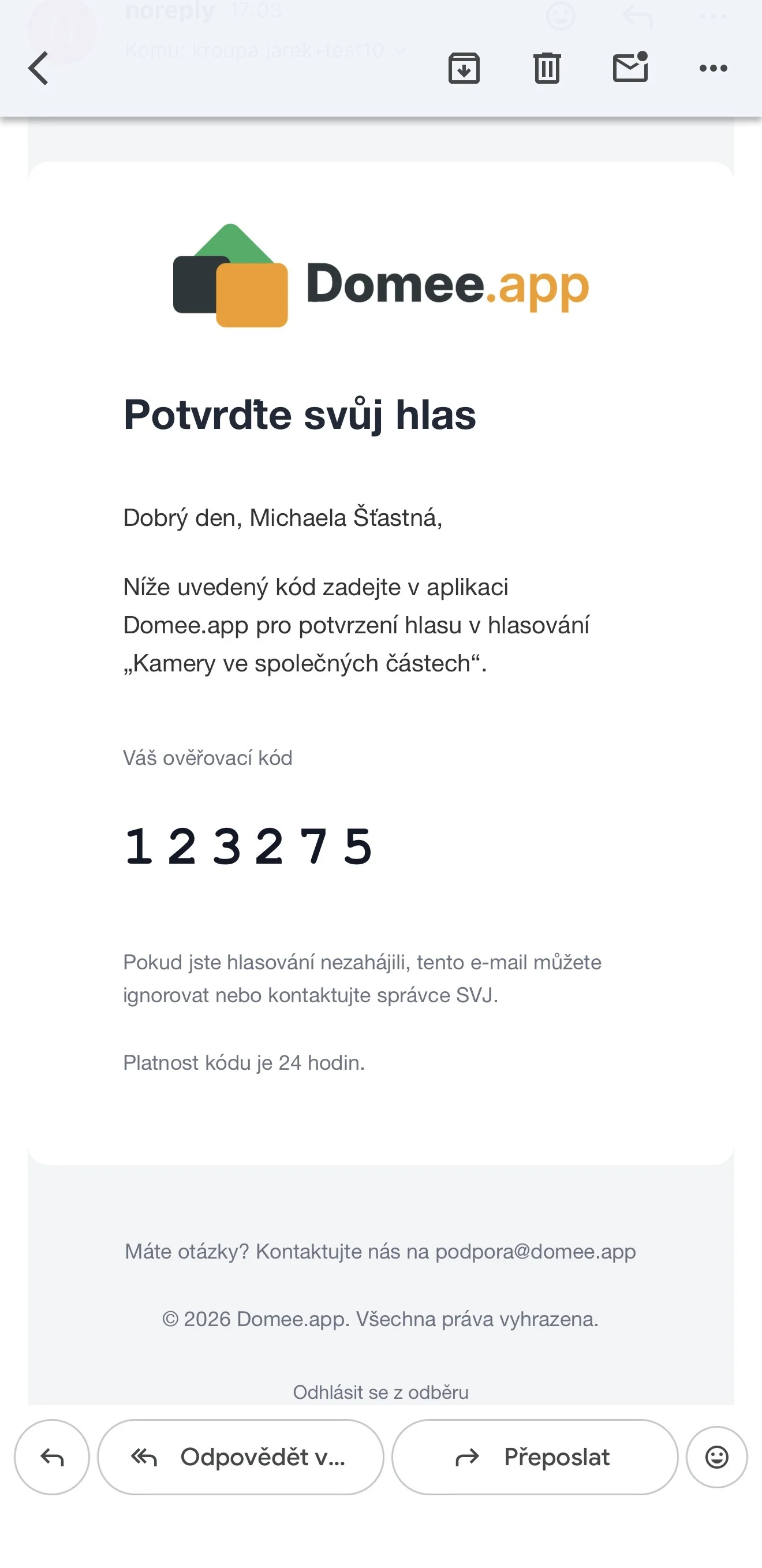 E-mail se šestimístným ověřovacím kódem
