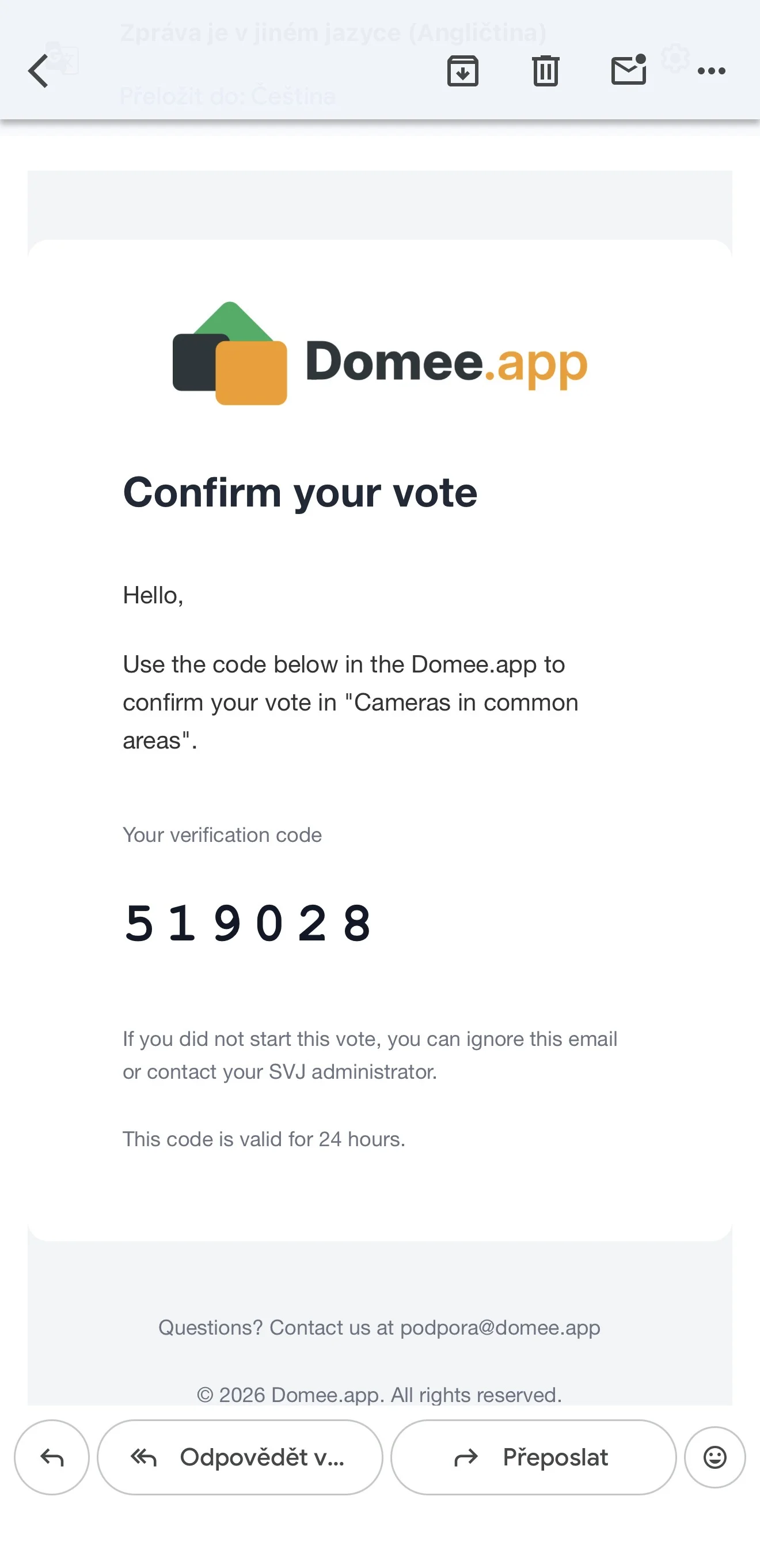 Email with the six-digit verification code