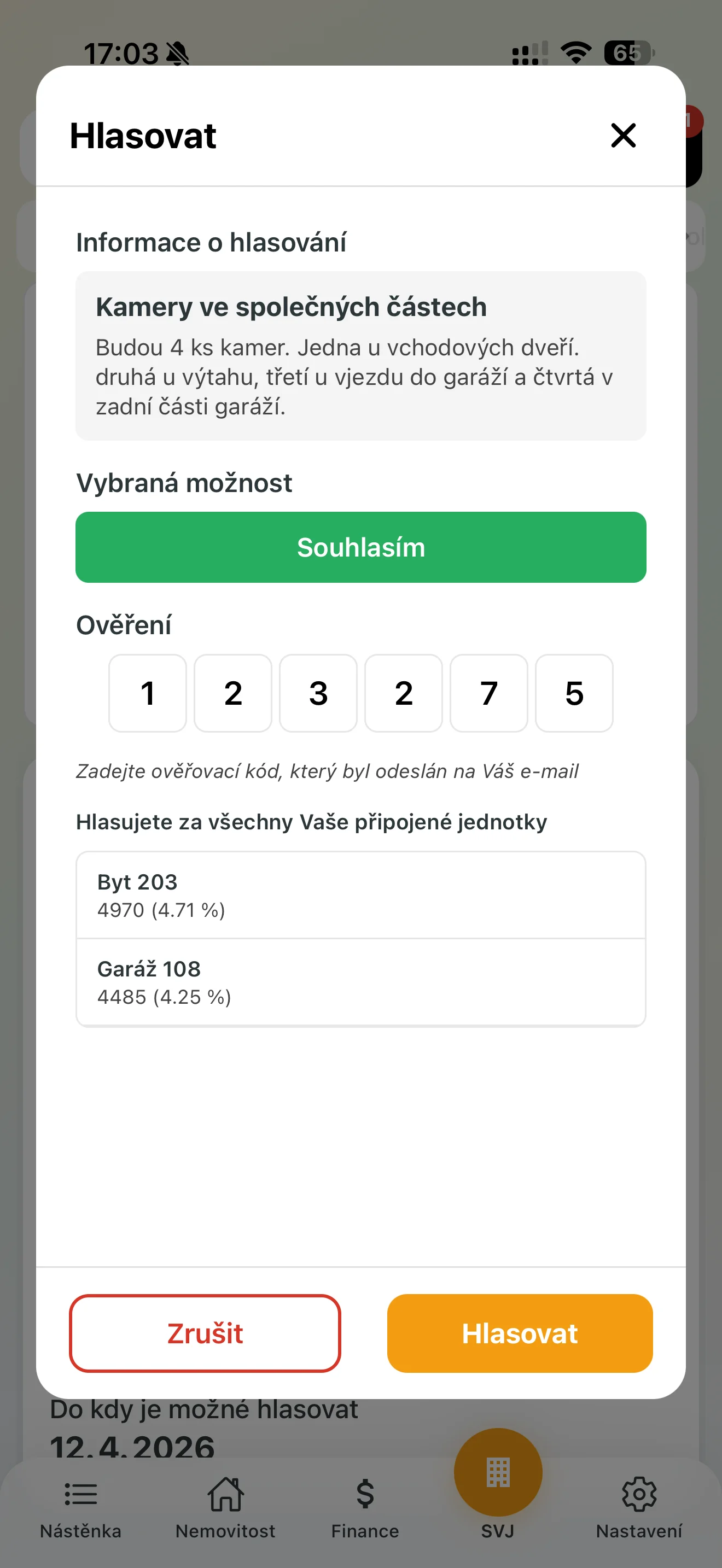 Zadání šestimístného kódu v aplikaci