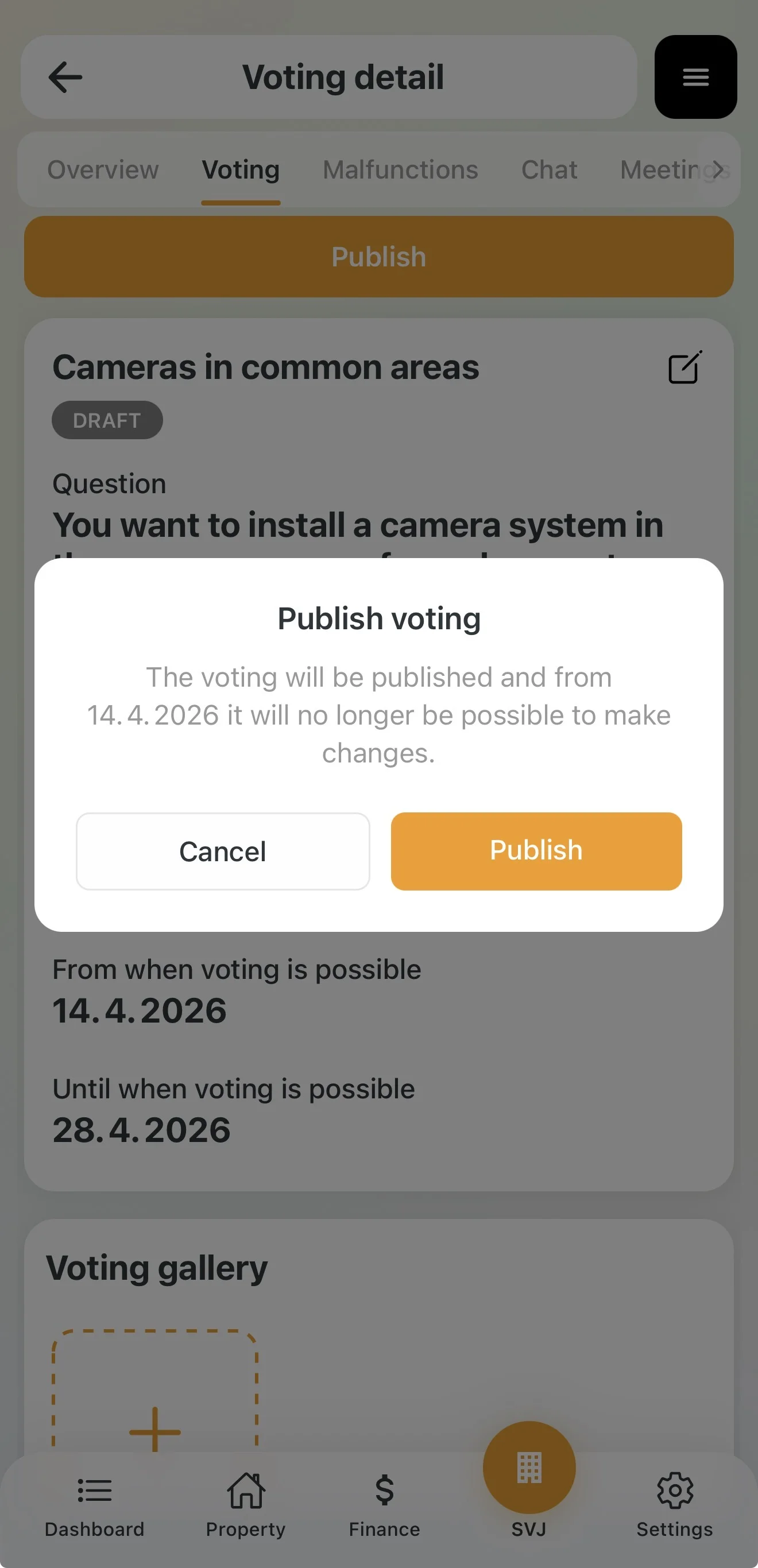 Publish button to launch the vote