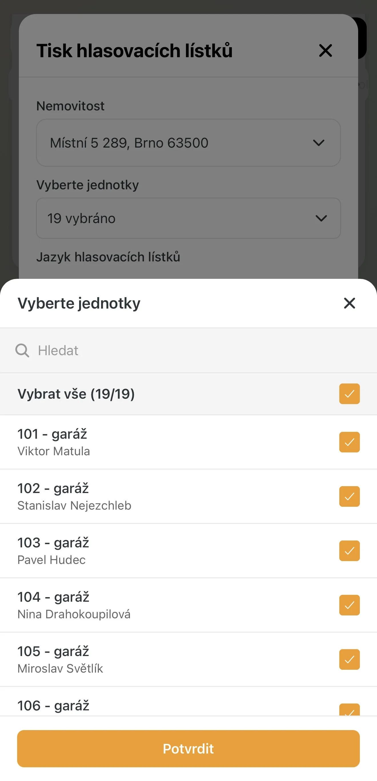 Výběr jednotek pro vygenerování lístků