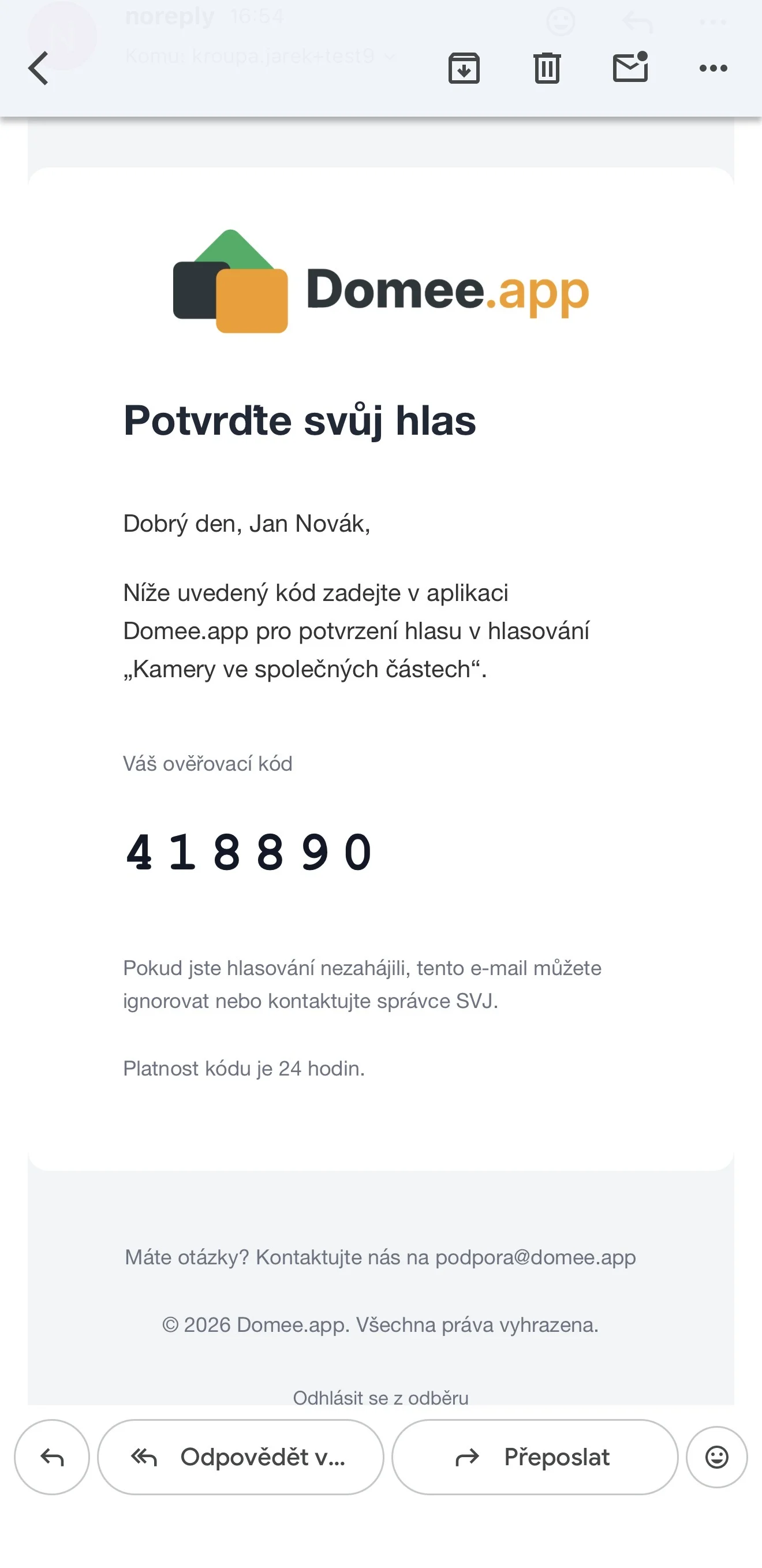Šestimístný kód zaslaný na e-mail vlastníka