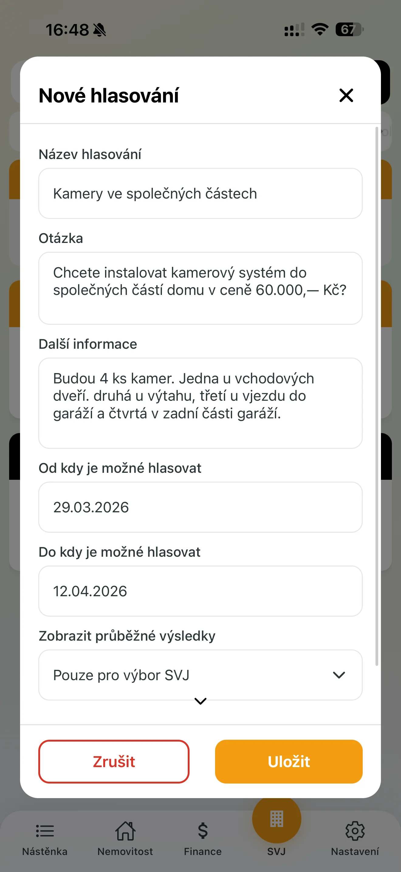 Formulář pro vytvoření nového hlasování