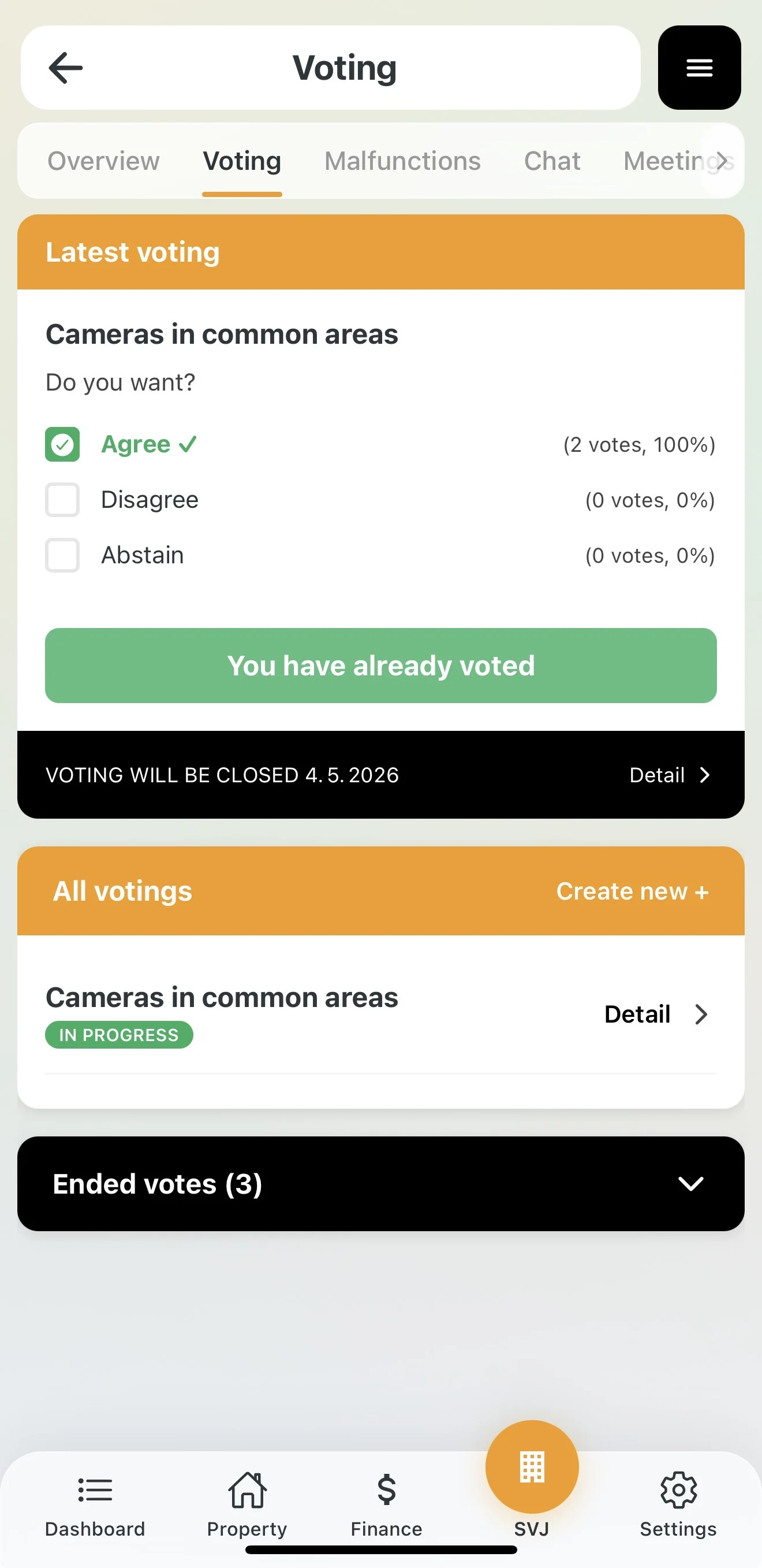 Voting overview with Create New button
