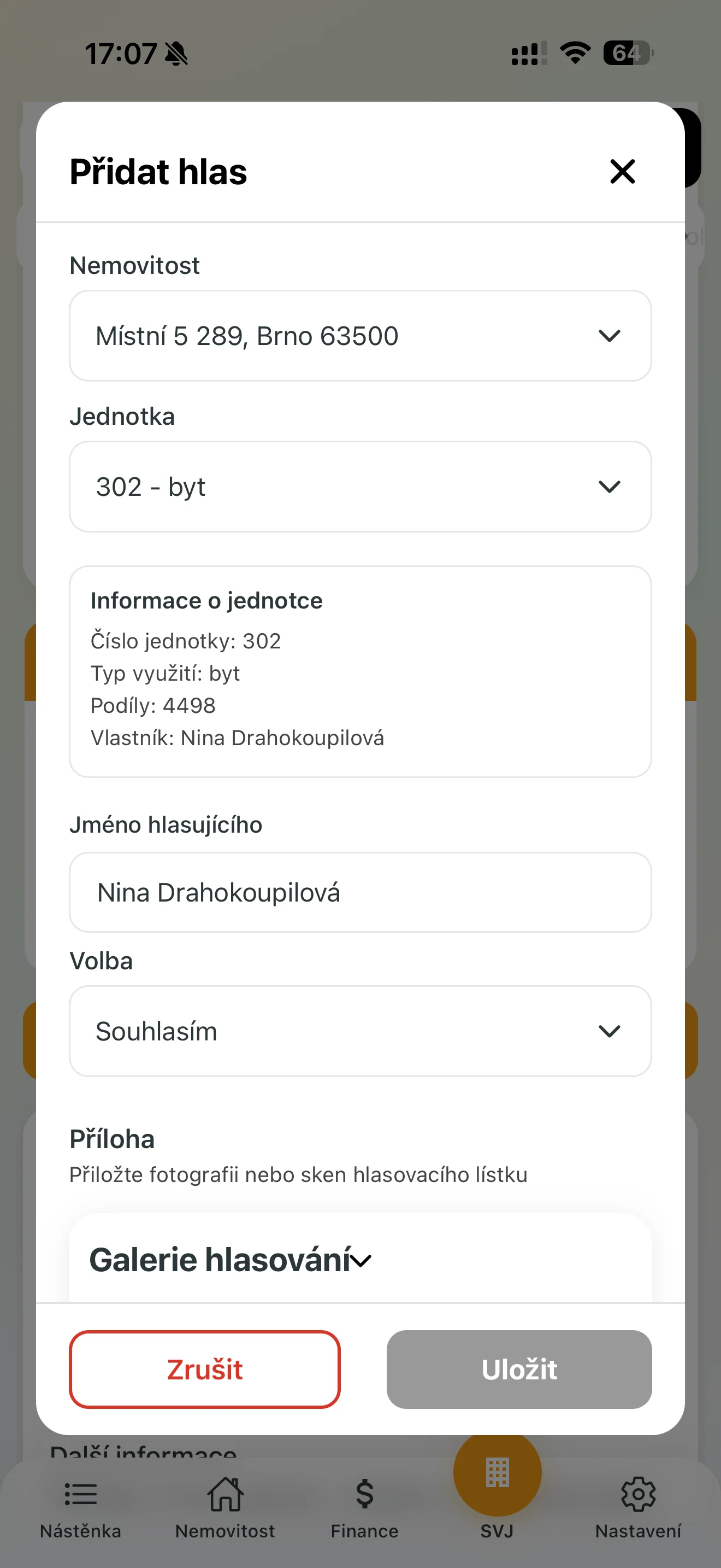 Formulář pro ruční zadání hlasu