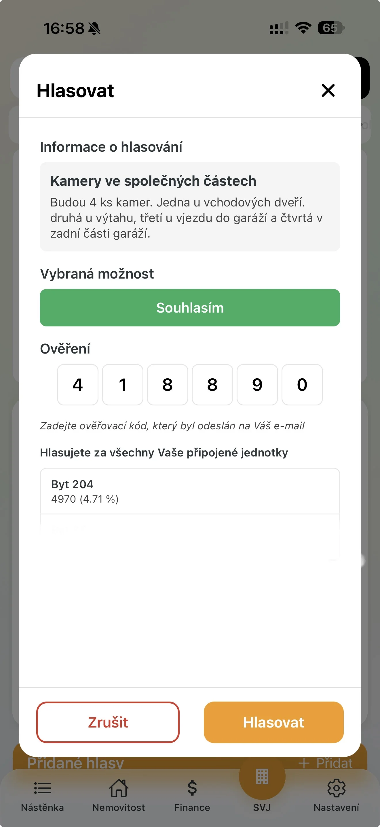 Kód úspěšně zadán, hlas potvrzen
