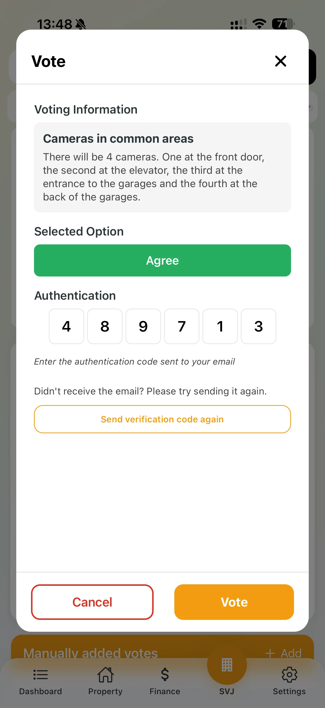 Code successfully entered, vote confirmed
