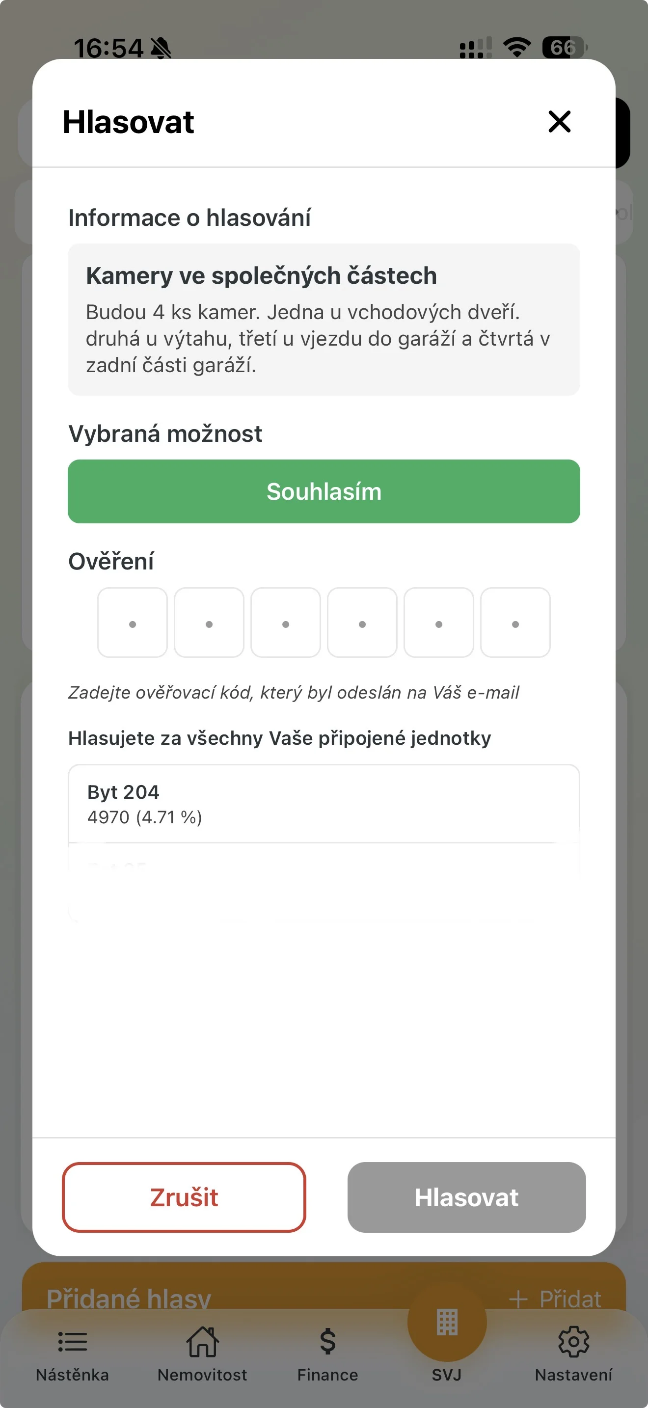 Zadání kódu pro potvrzení hlasu