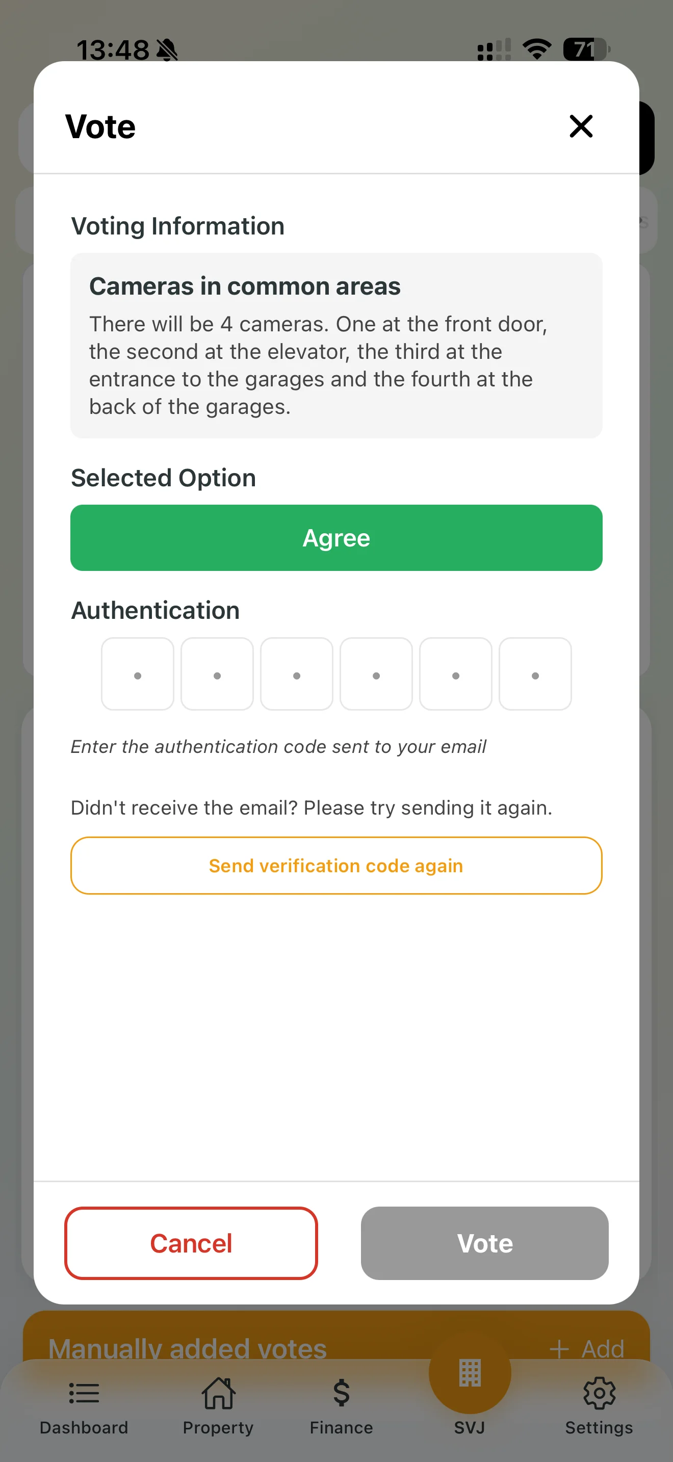 Entering the code to confirm the vote