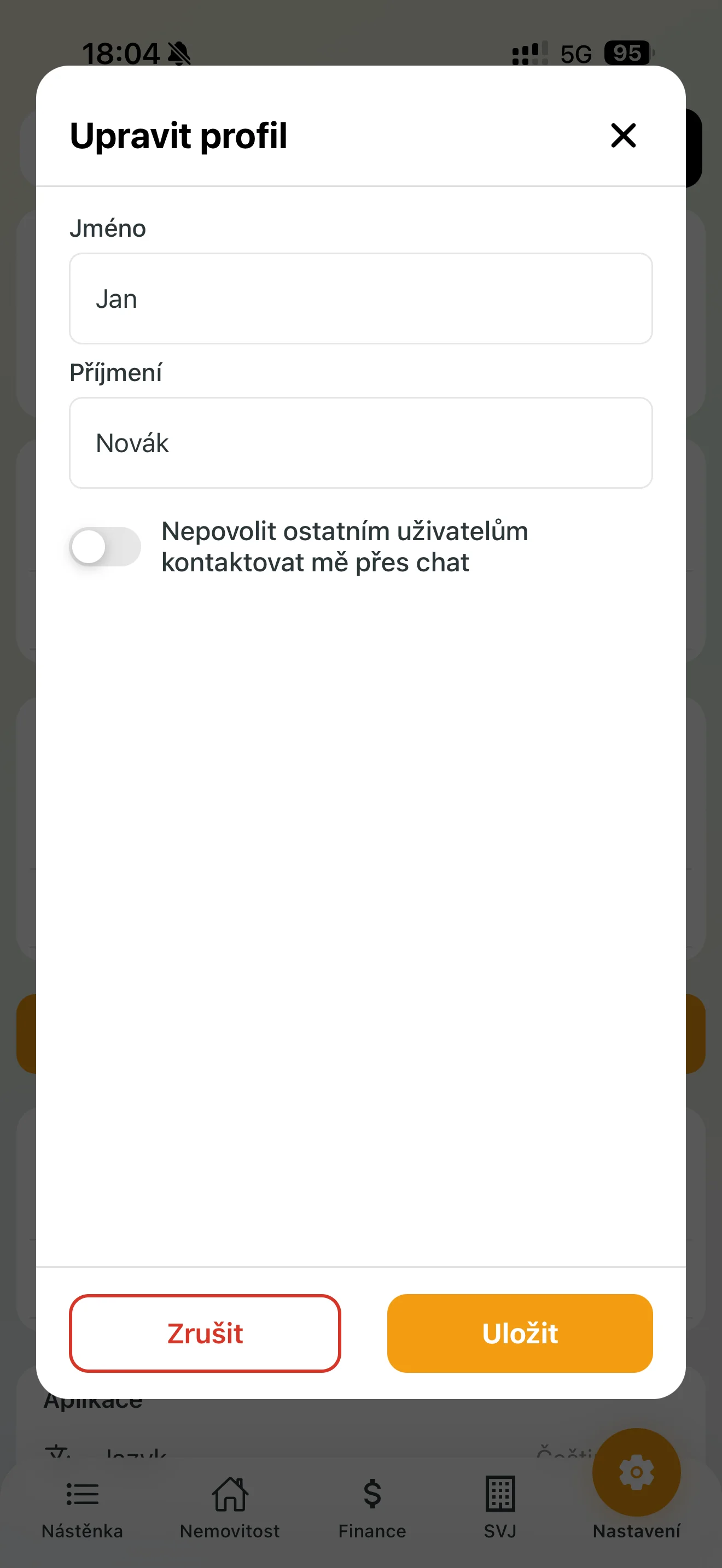 Nastavení soukromí chatu v profilu uživatele