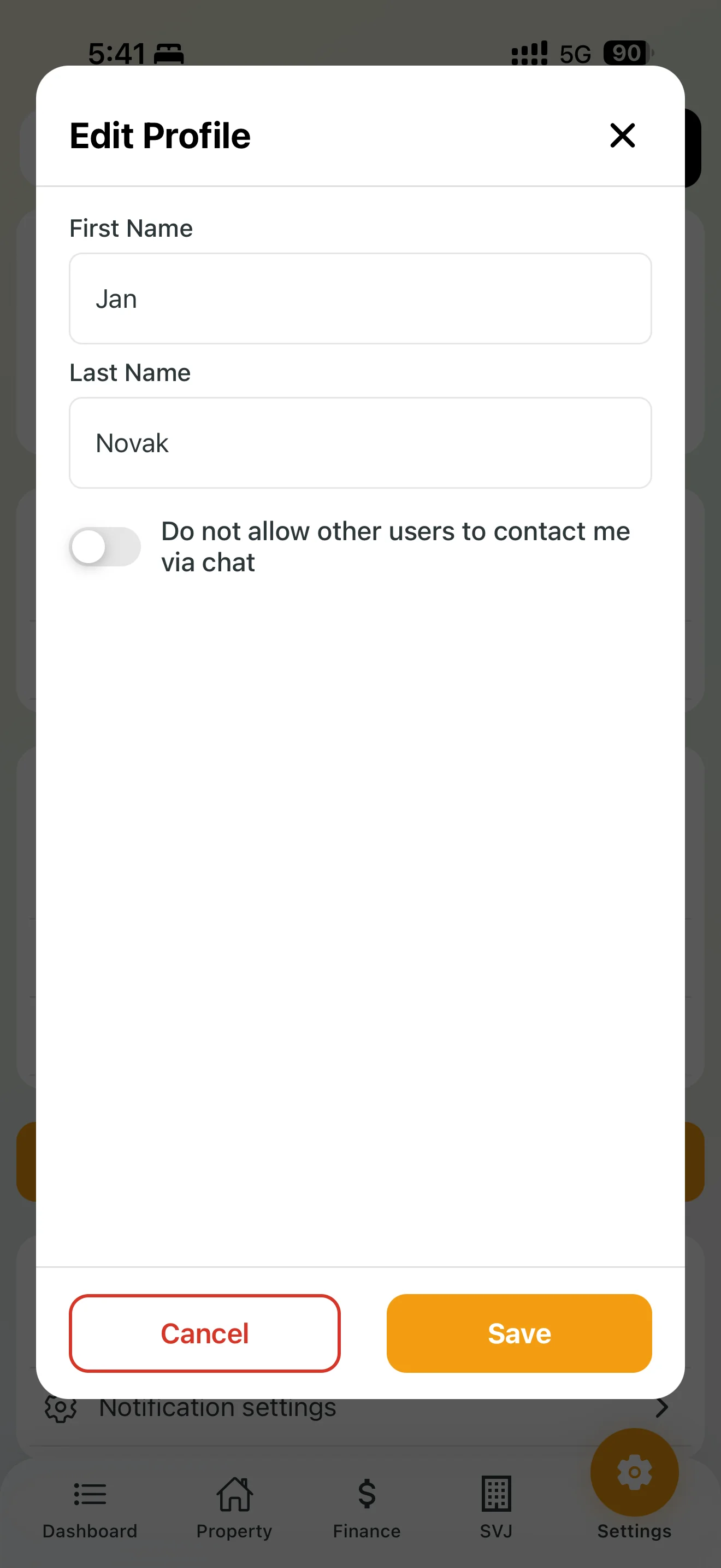 User chat privacy settings in profile