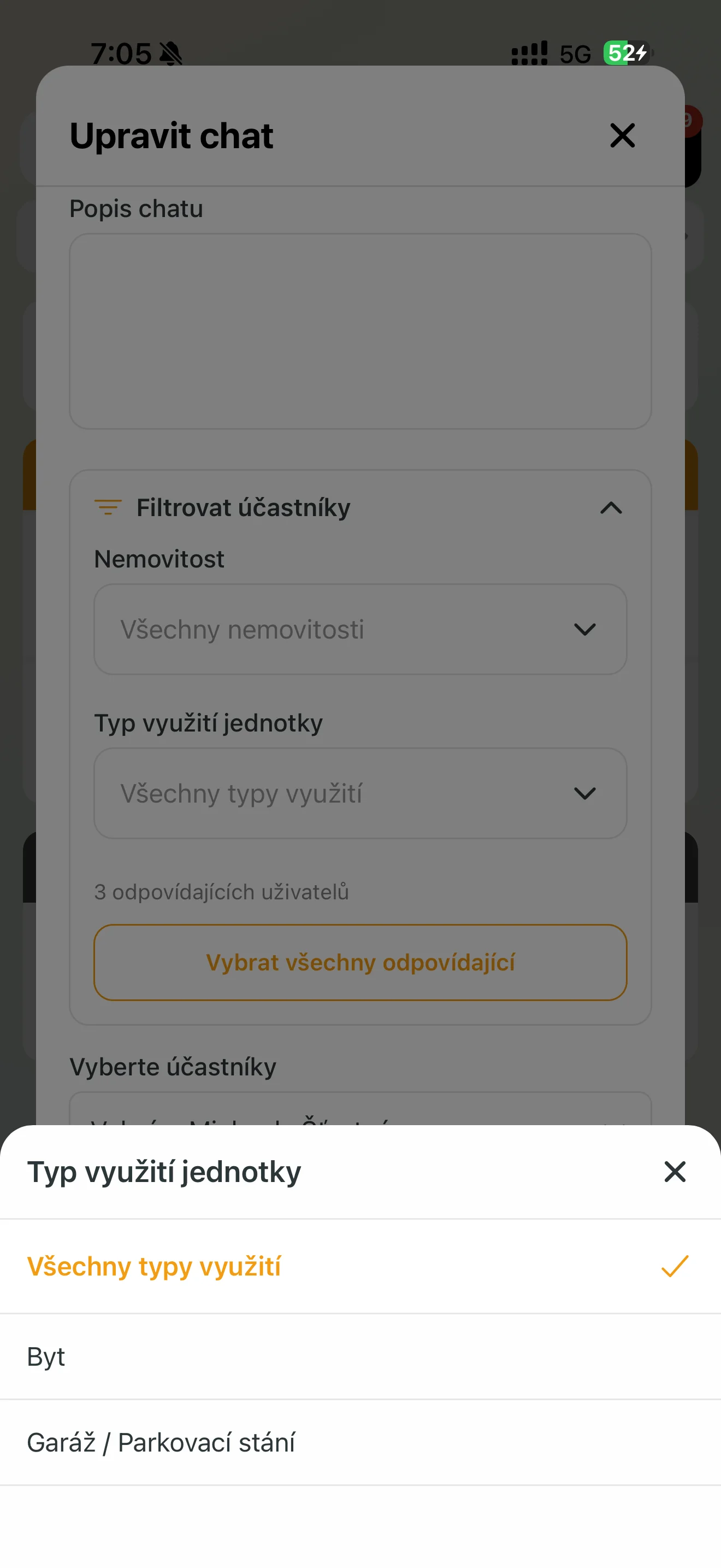 Filtrování příjemců soukromého chatu podle typu jednotky