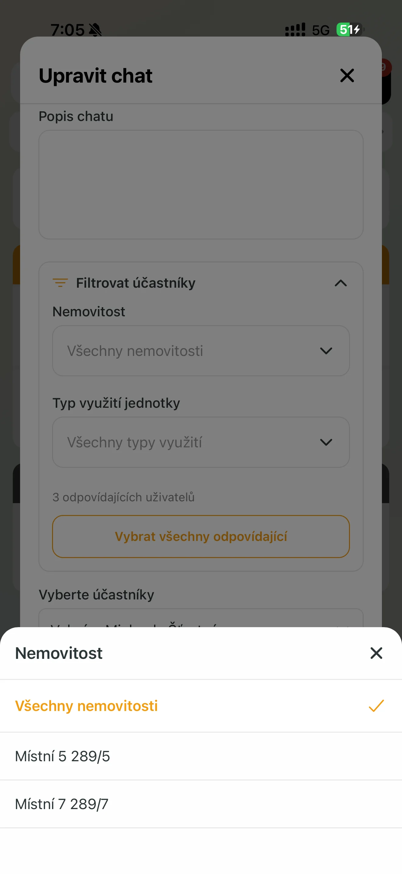 Filtrování příjemců soukromého chatu podle nemovitosti