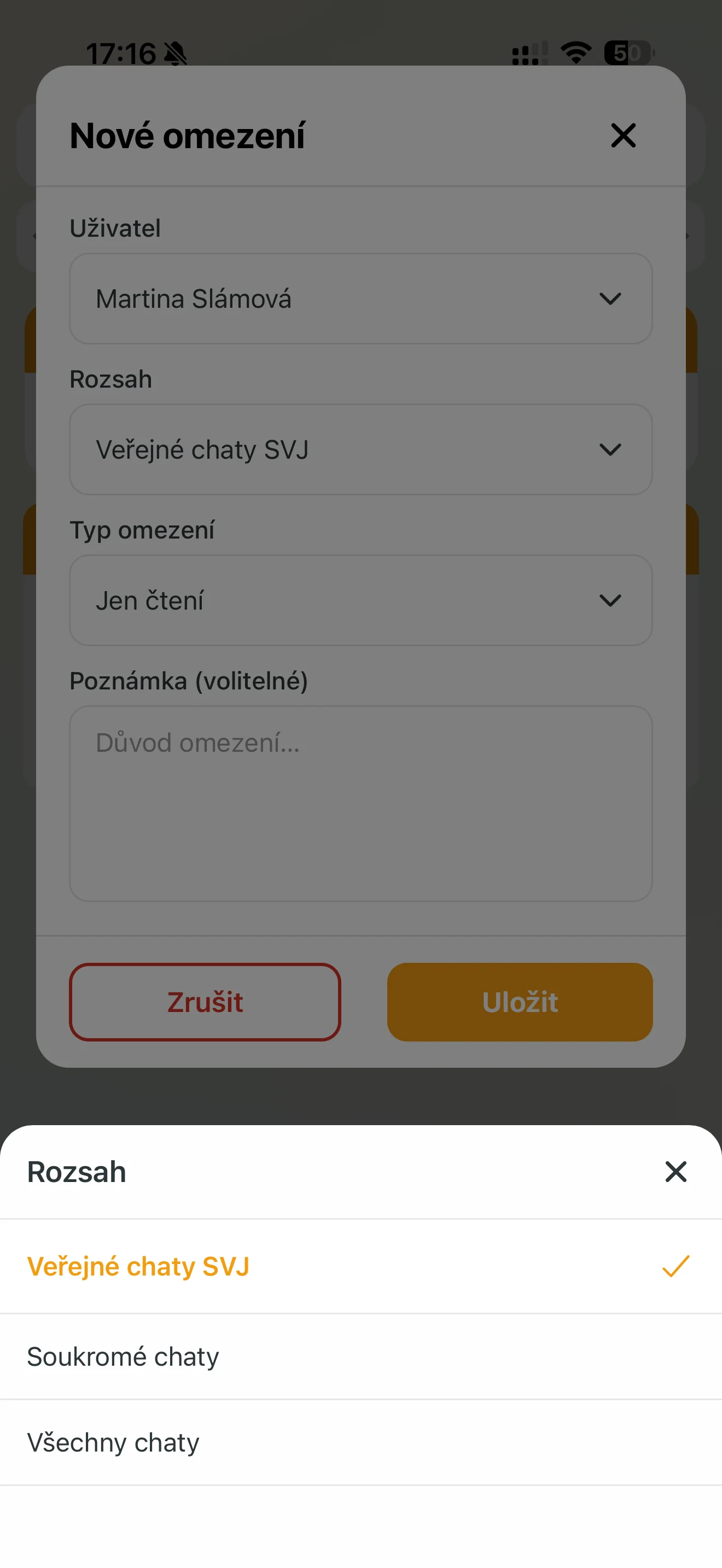 Výběr rozsahu omezení uživatele