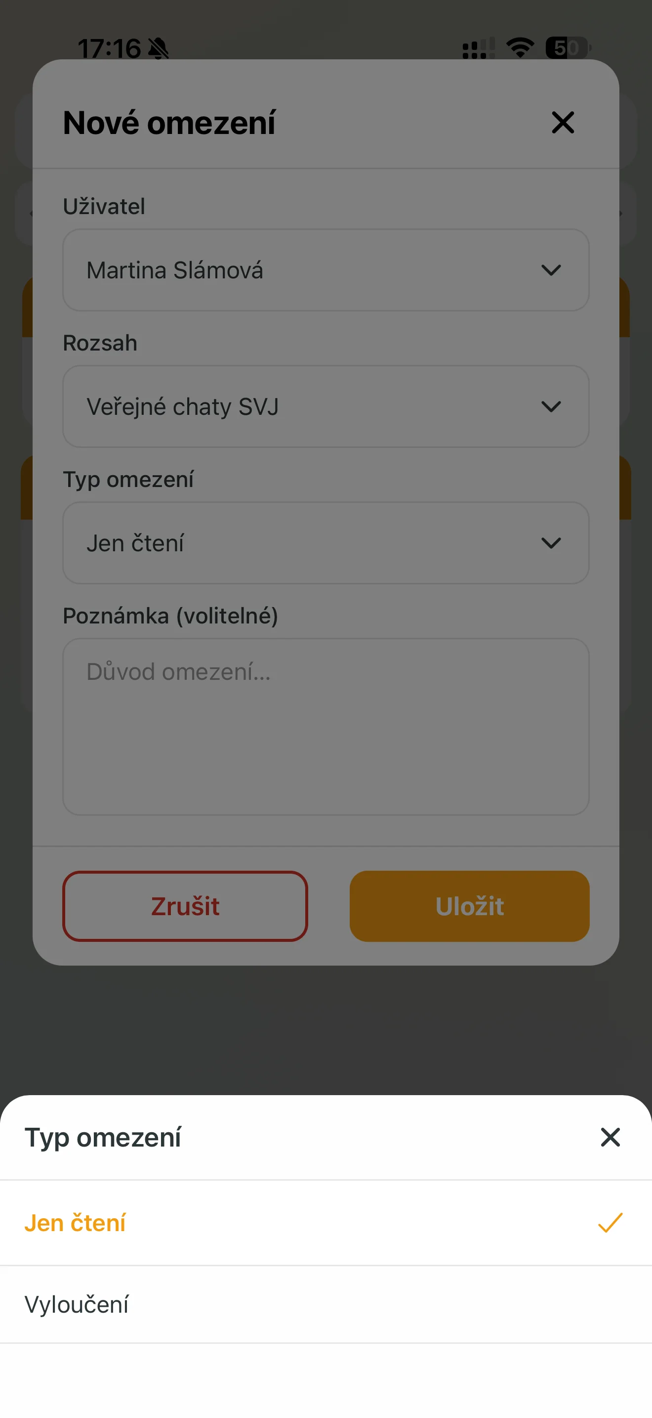 Výběr typu omezení uživatele
