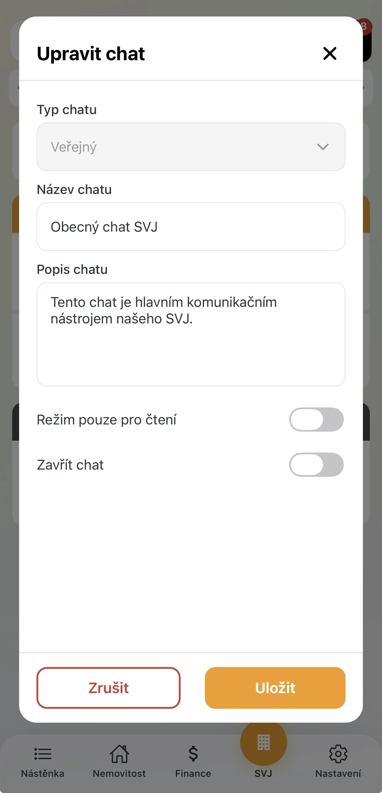 Veřejné chatové vlákno viditelné všem vlastníkům