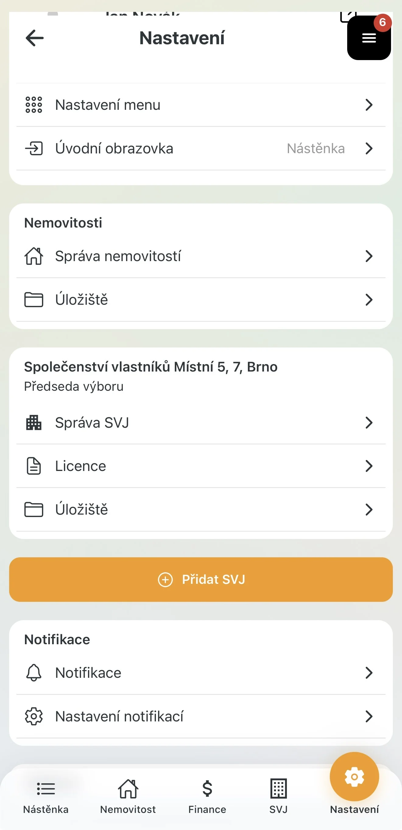 Nastavení – karta SVJ s položkou Správa SVJ