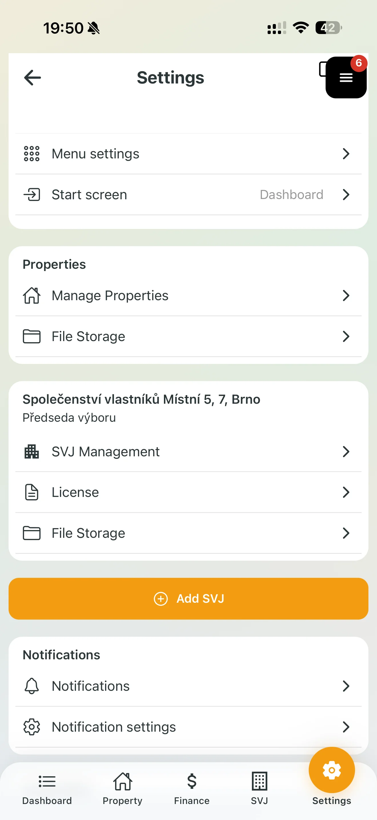 Settings – HOA card with SVJ Management