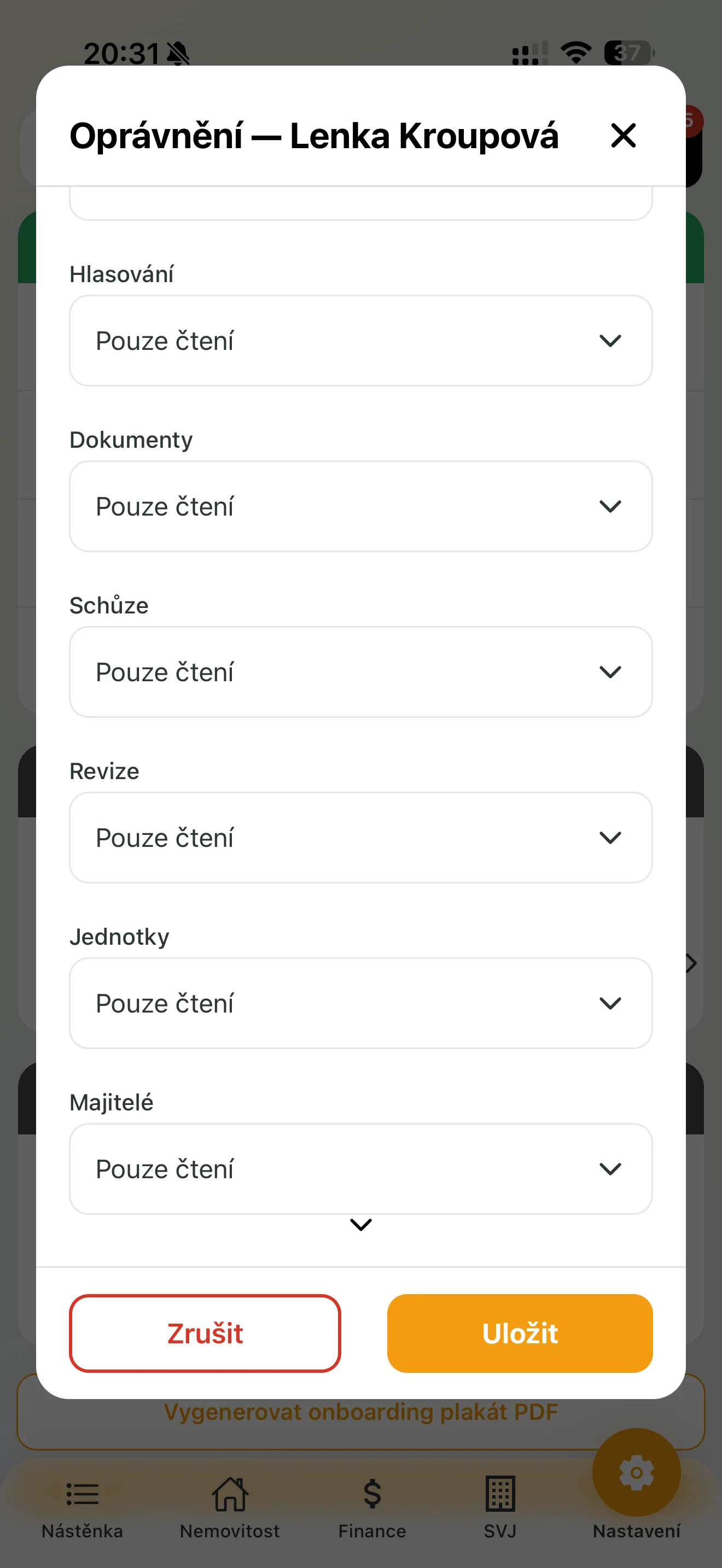 Okno Oprávnění se seznamem agend SVJ