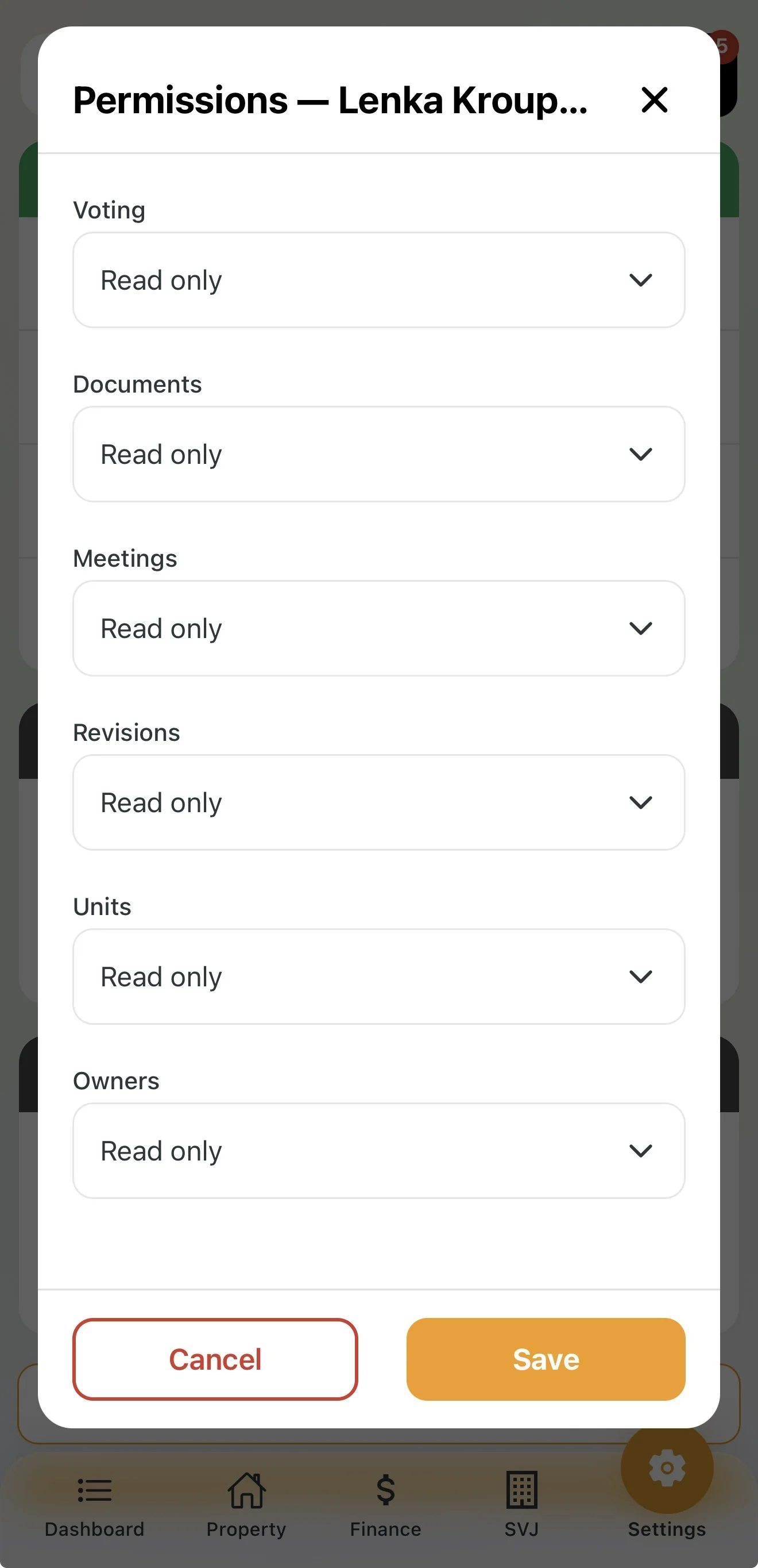 Permissions window with the list of HOA agendas