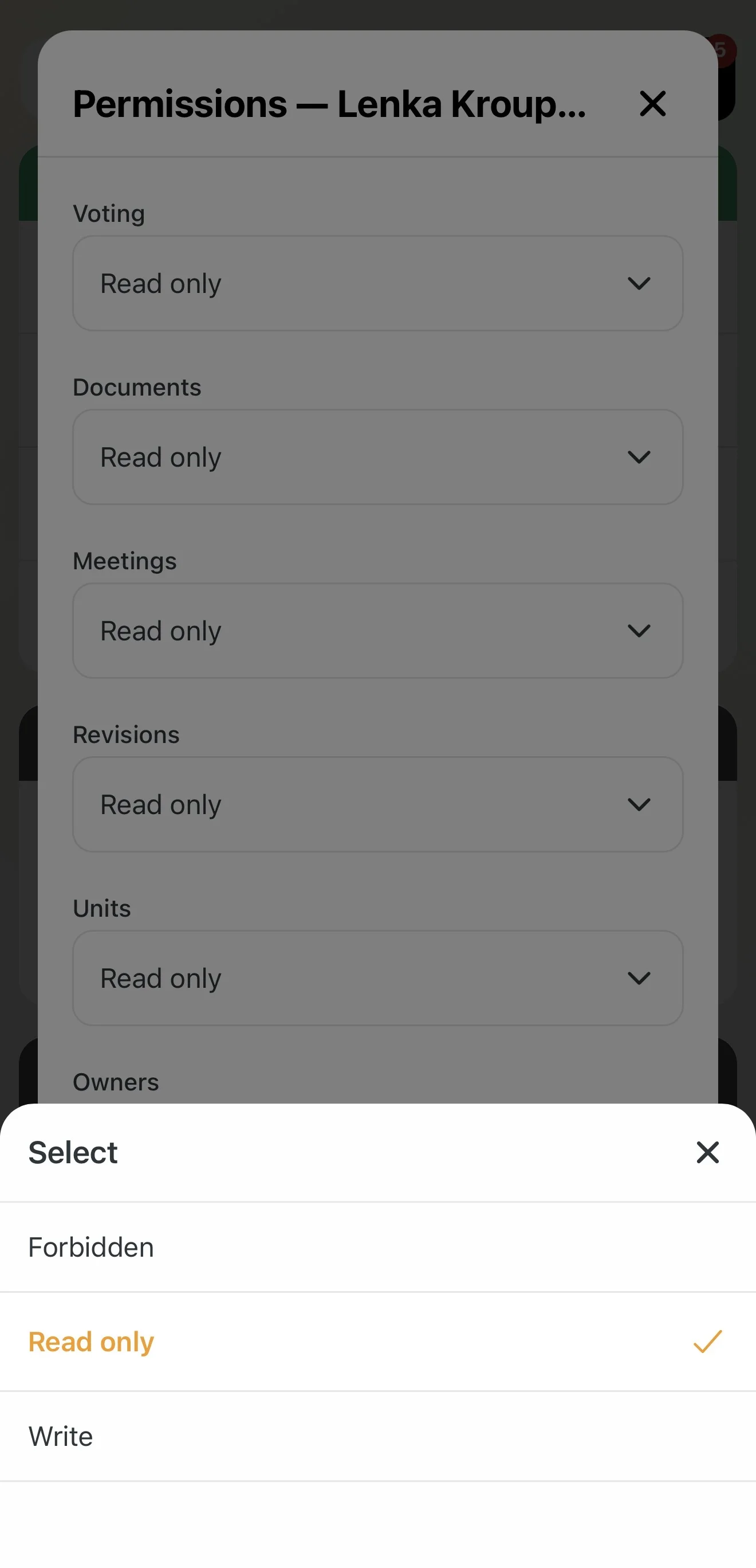 Choosing a permission level: Forbidden, Read only, Write