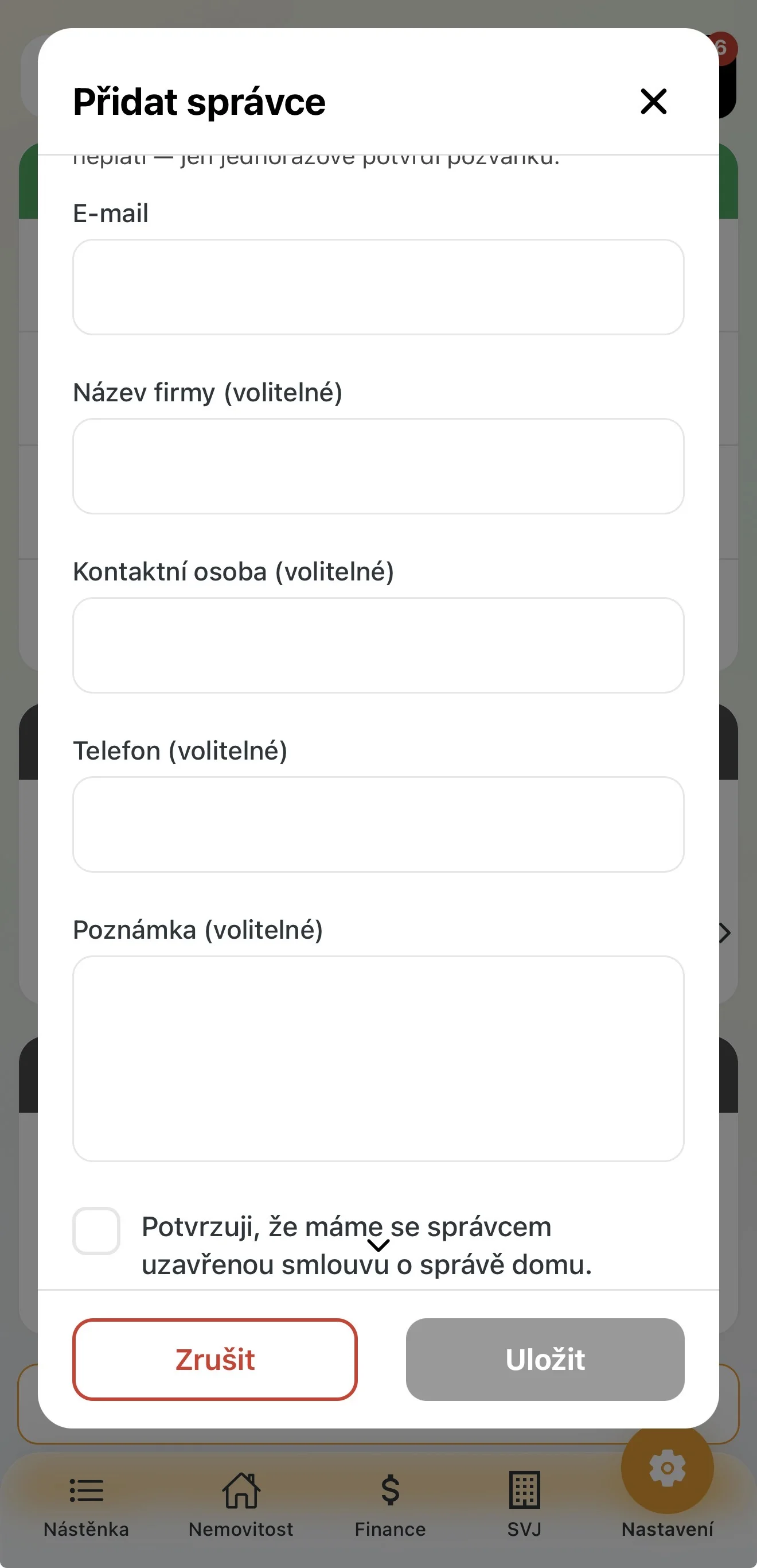 Okno Přidat správce s e-mailem, údaji firmy a potvrzením smlouvy