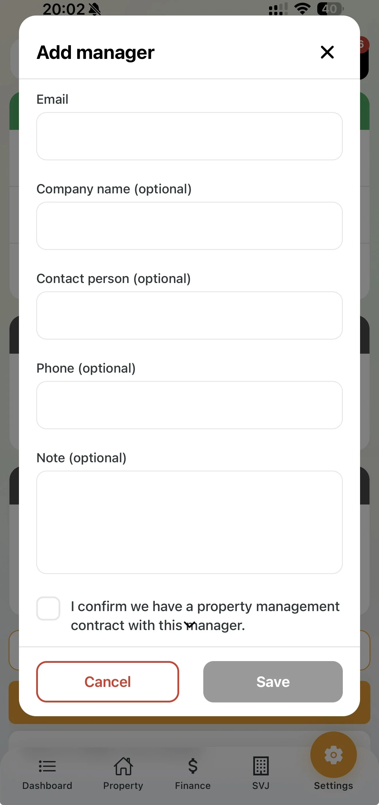 Add manager window with email, company details and contract confirmation