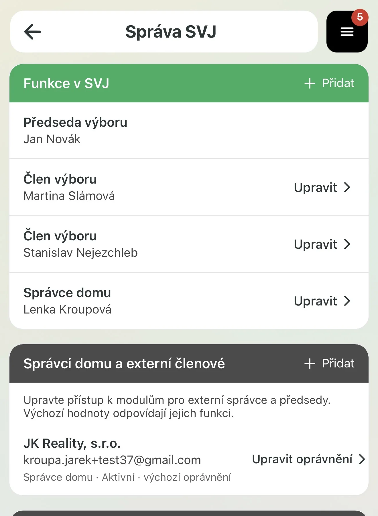 Správa SVJ – sekce Správci domu a externí členové s aktivním správcem