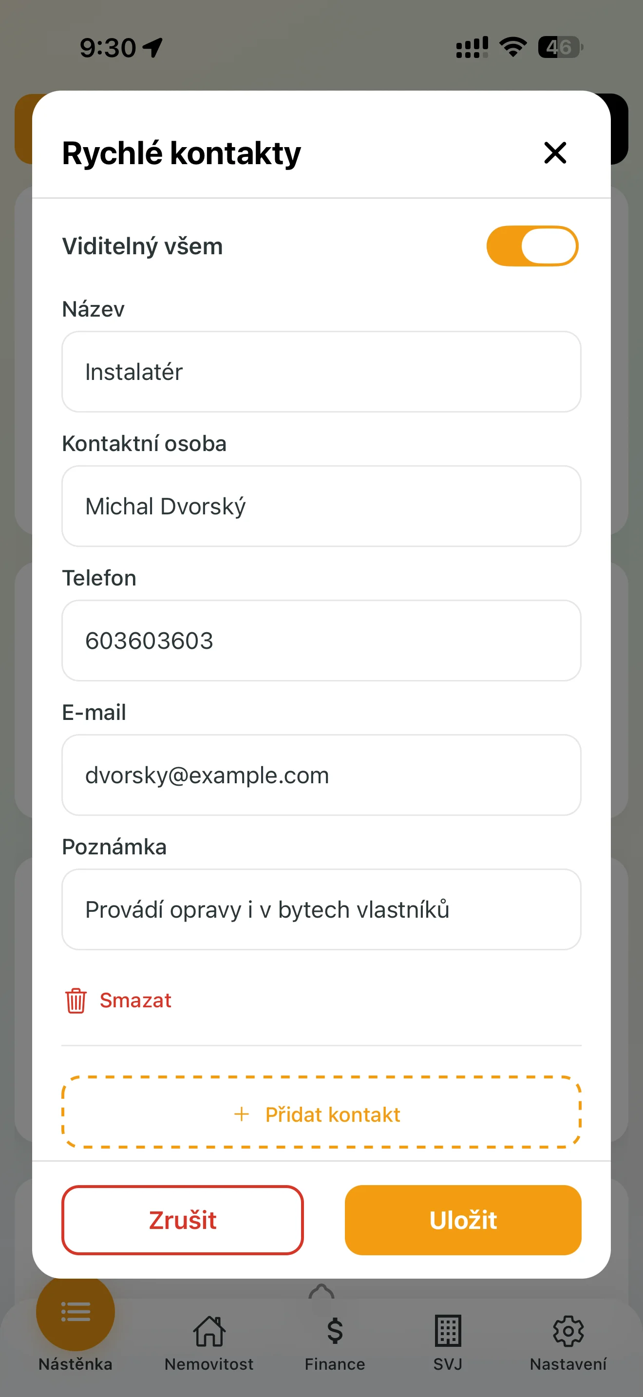 Vyplněný kontakt připravený k uložení