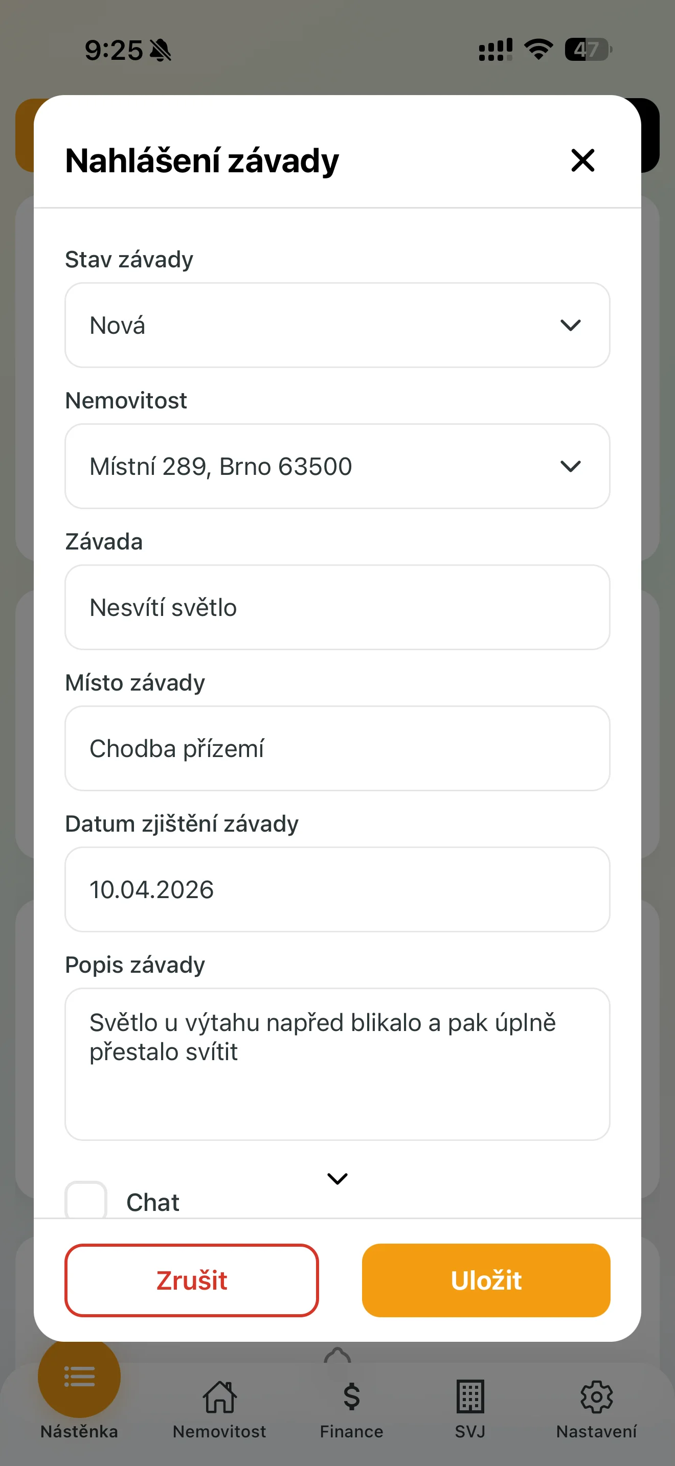 Formulář pro nahlášení závady