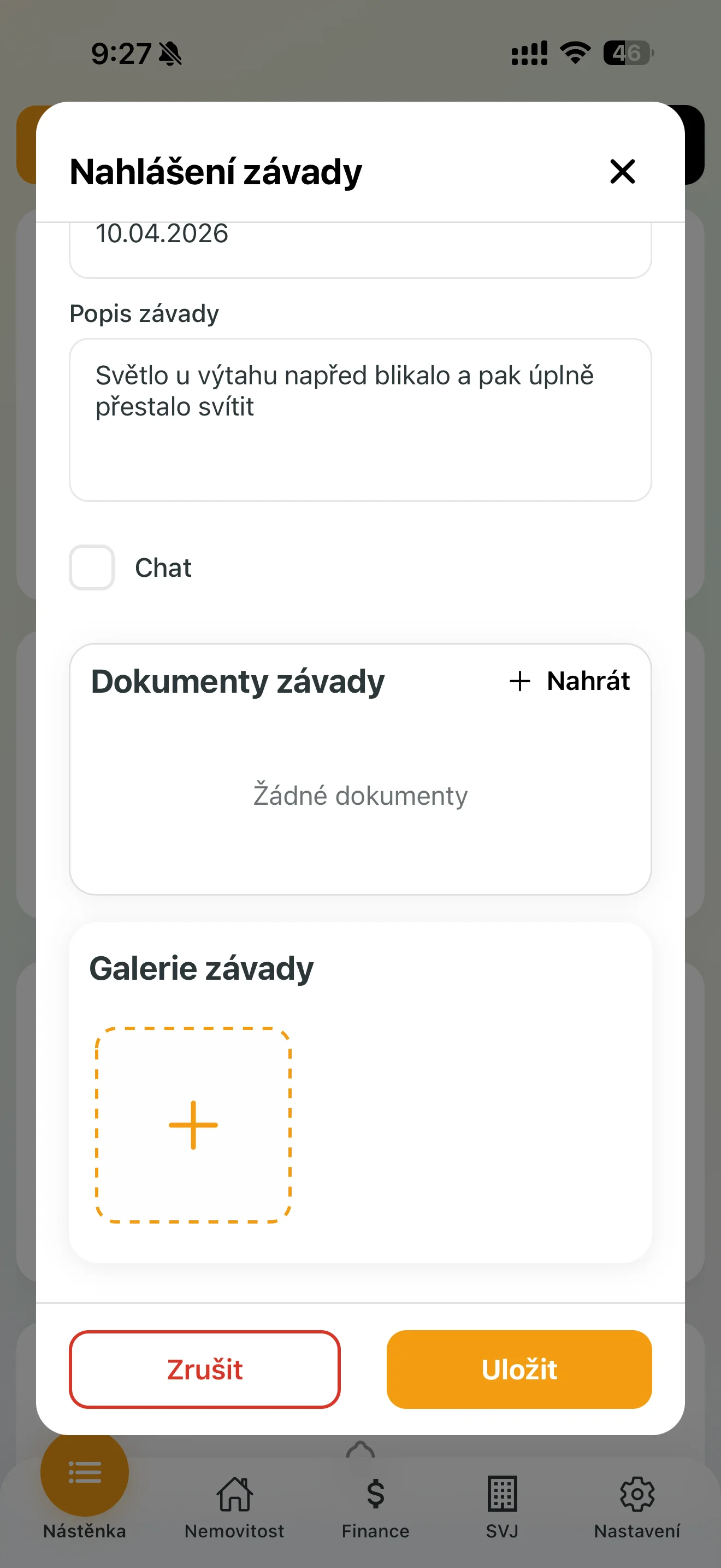 Přidání fotografie k závadě