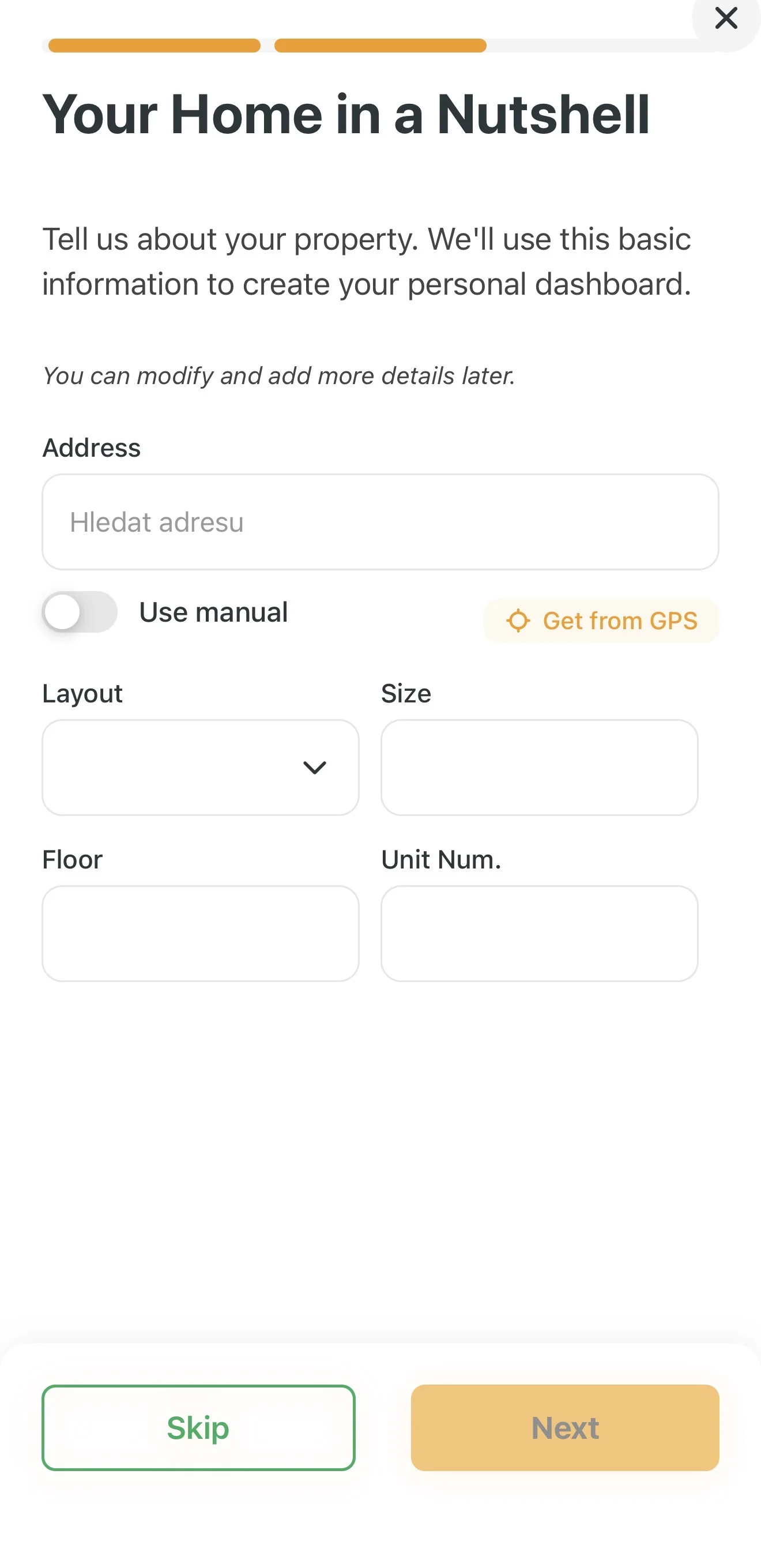 Entering address and apartment details