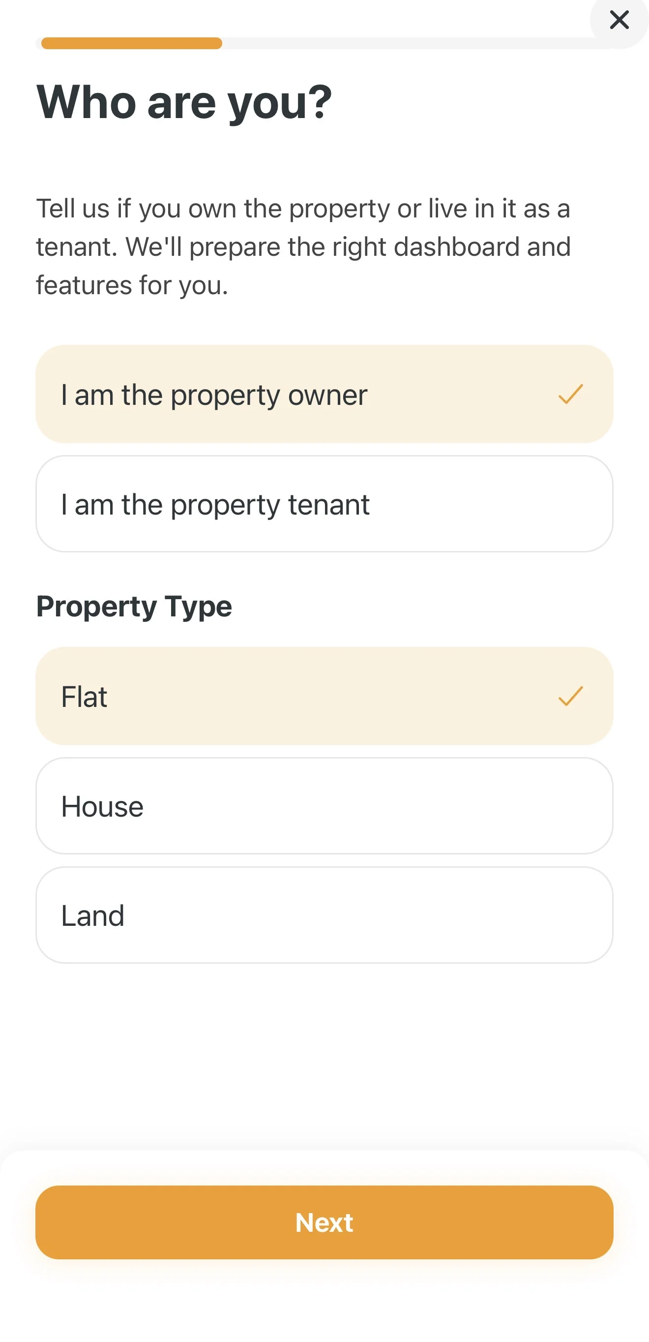 Selecting user type and property