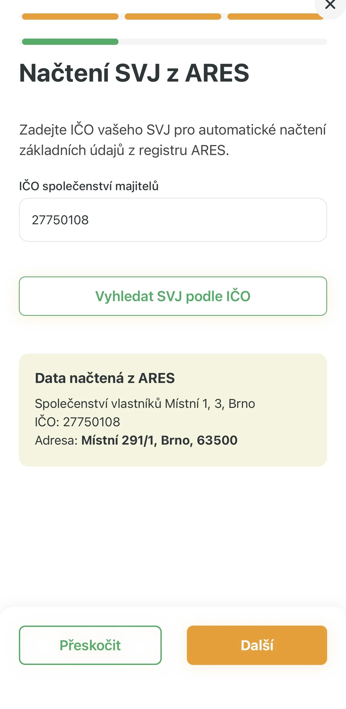 Vyhledání SVJ podle IČO v registru ARES