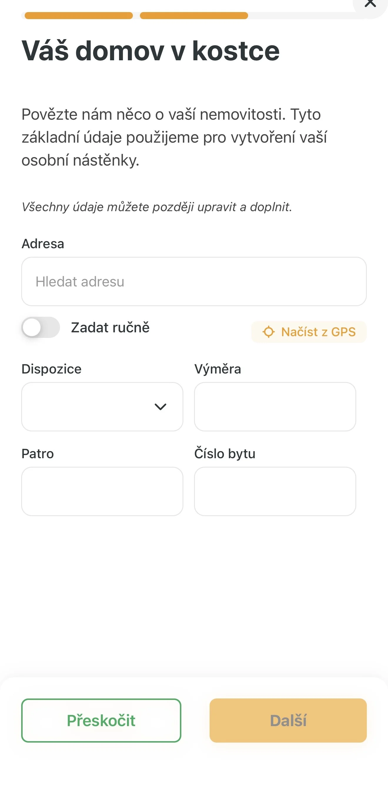 Zadání adresy a detailů bytu