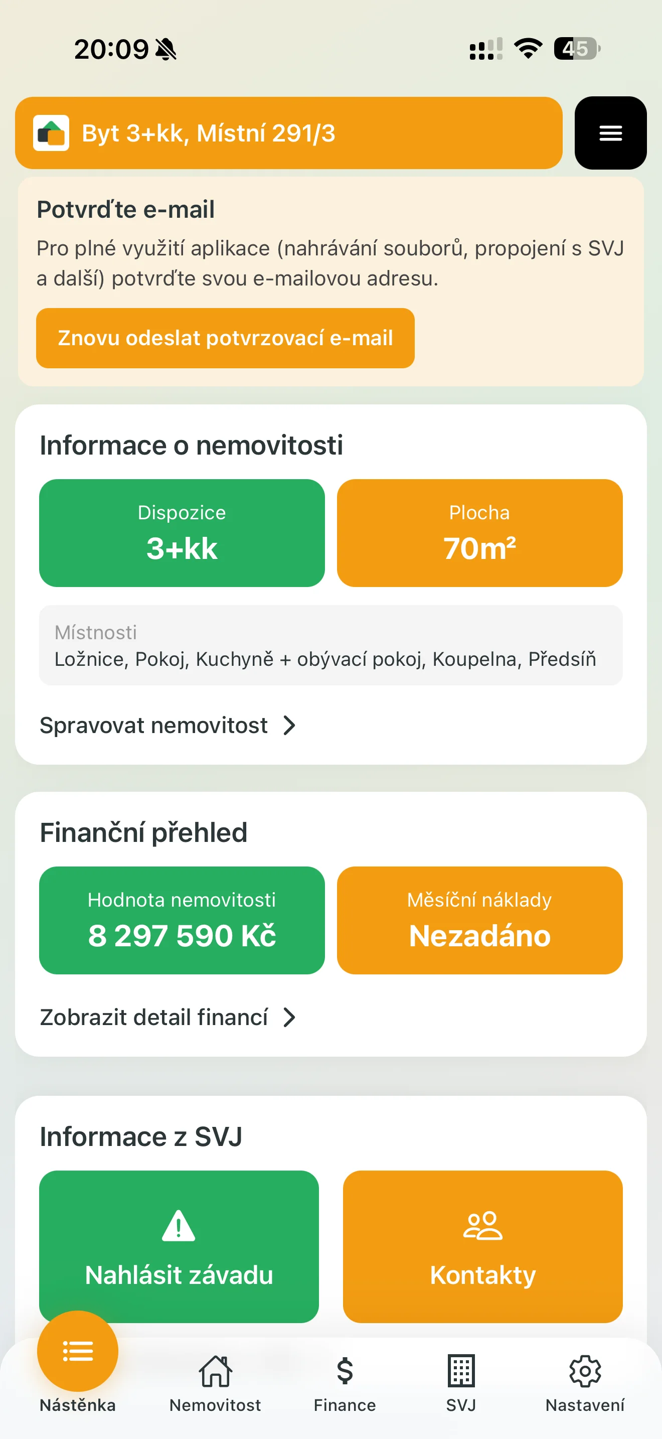 Nástěnka po dokončení nastavení