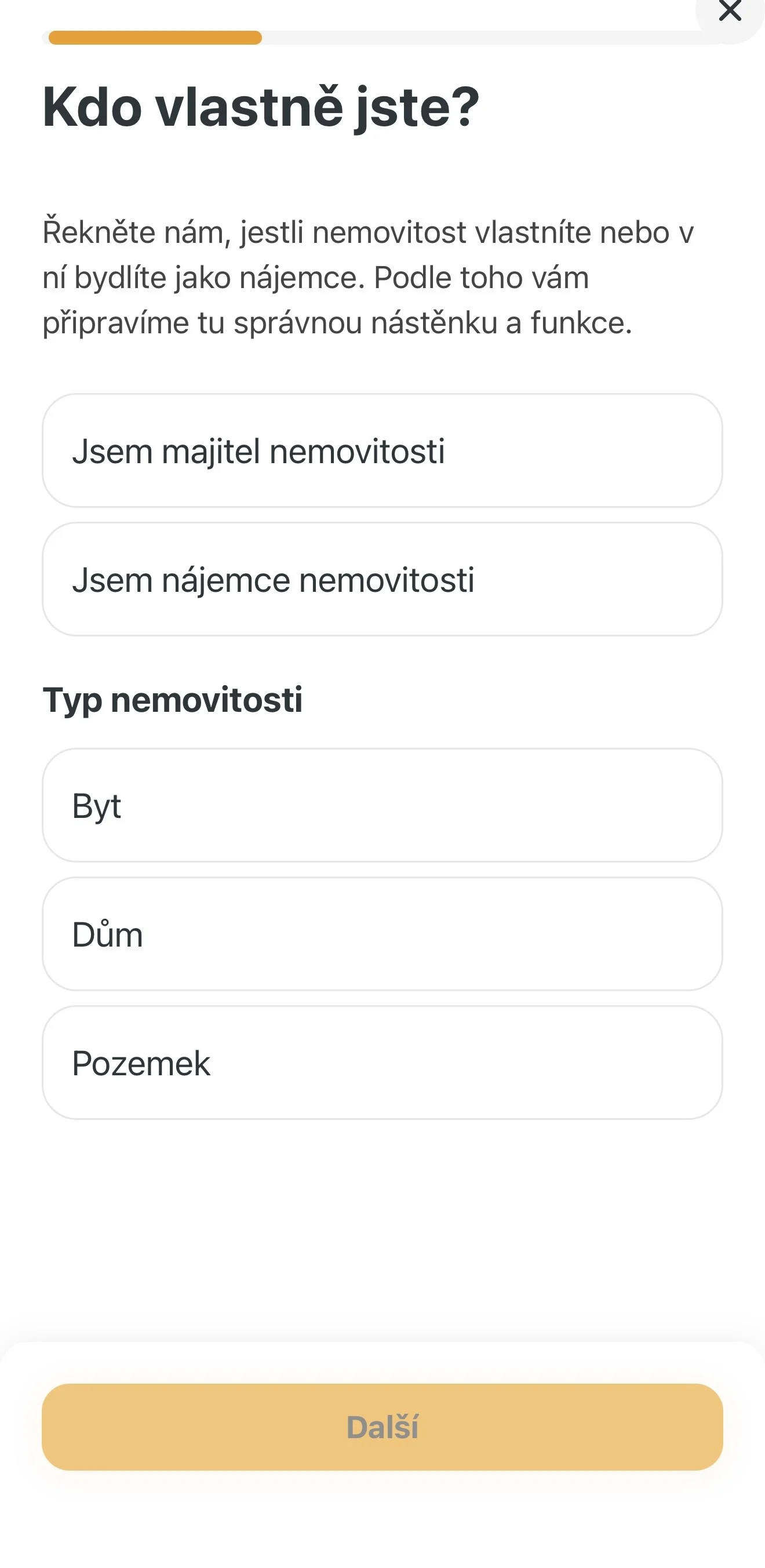 Výběr typu uživatele a nemovitosti
