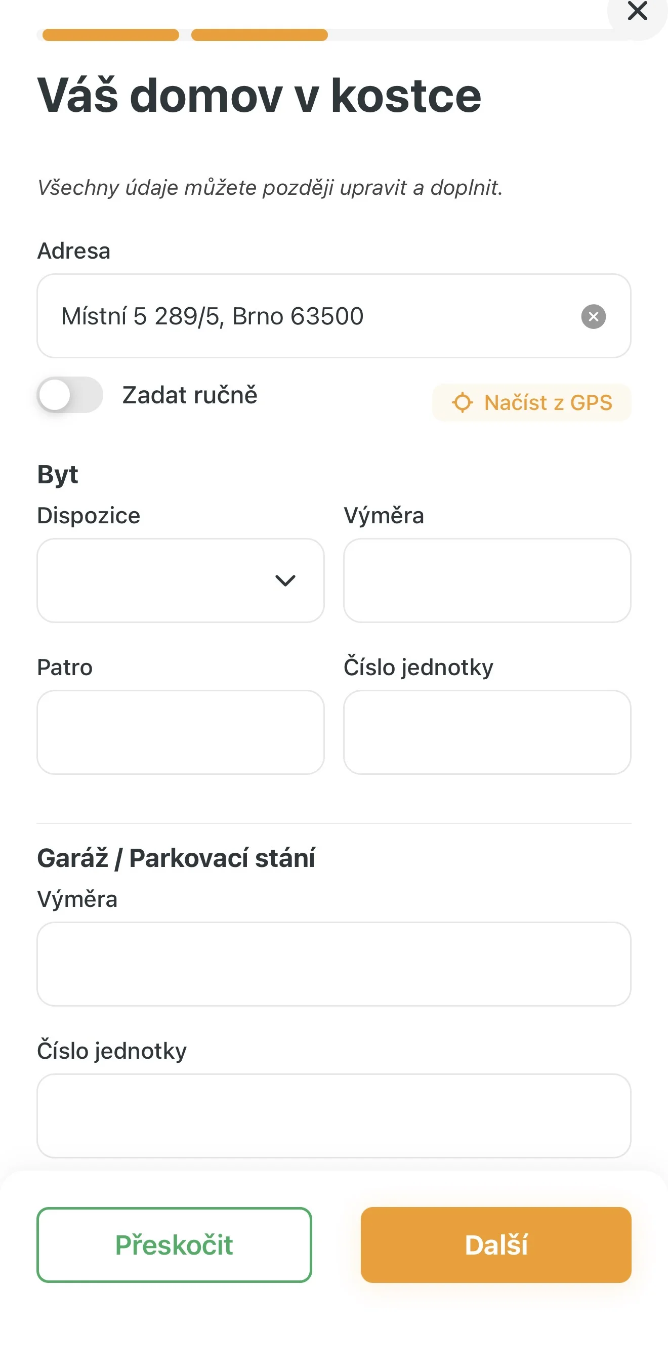 Zadání adresy a detailů jednotky