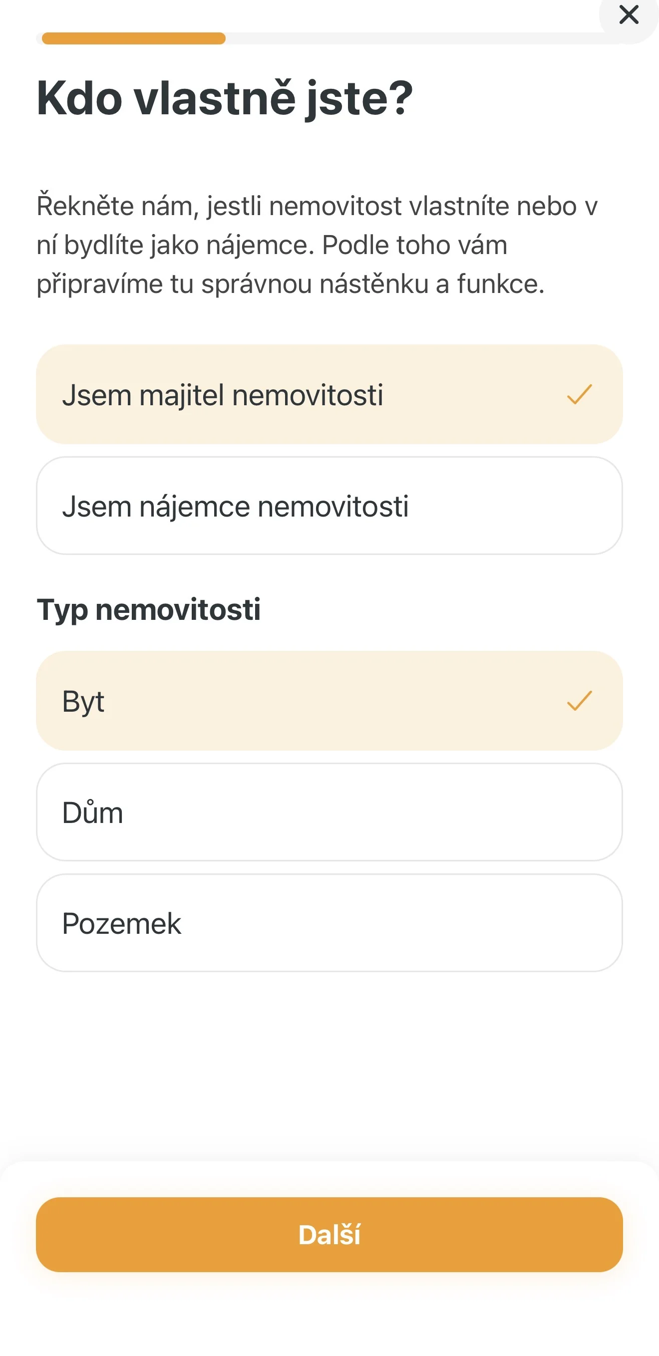 Výběr role Majitel nemovitosti