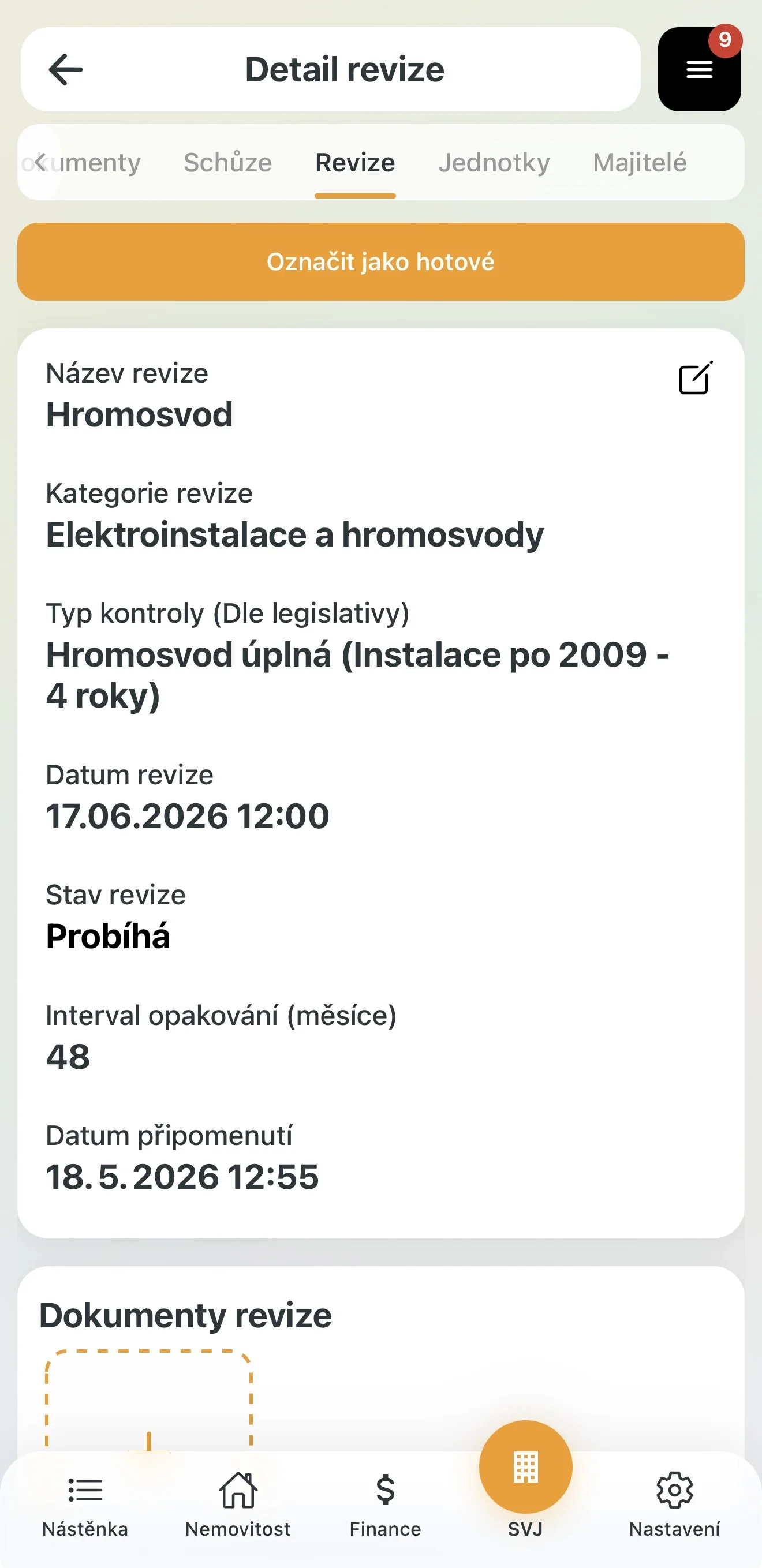 Detail revize s tlačítkem Označit jako hotové