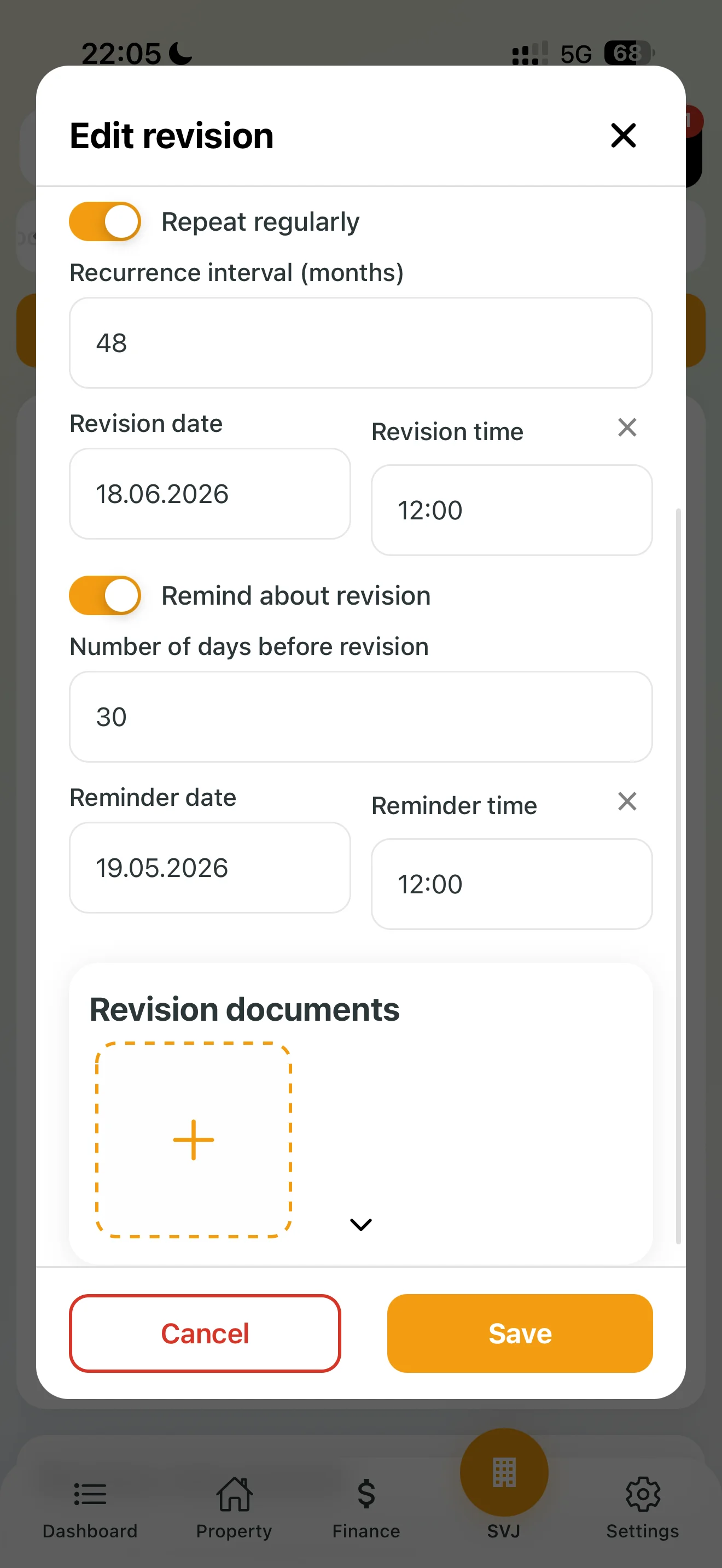 Setting an inspection reminder