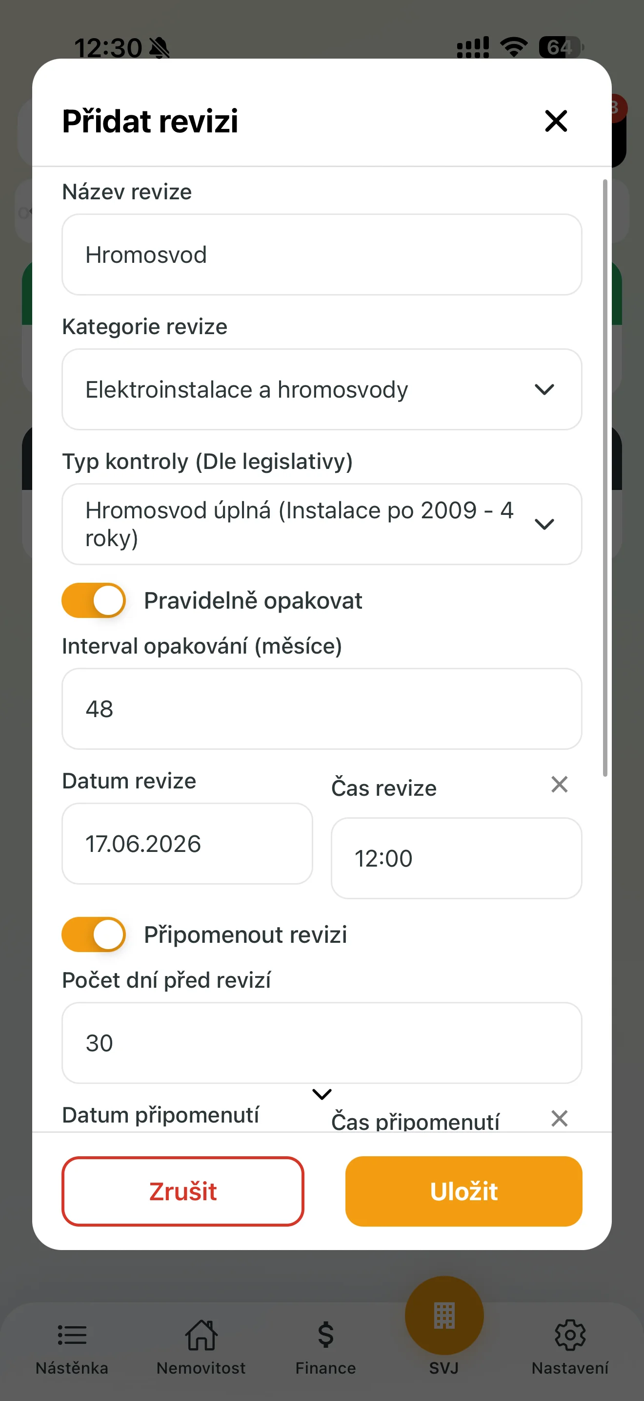 Vyplněný formulář s aktivovaným opakováním