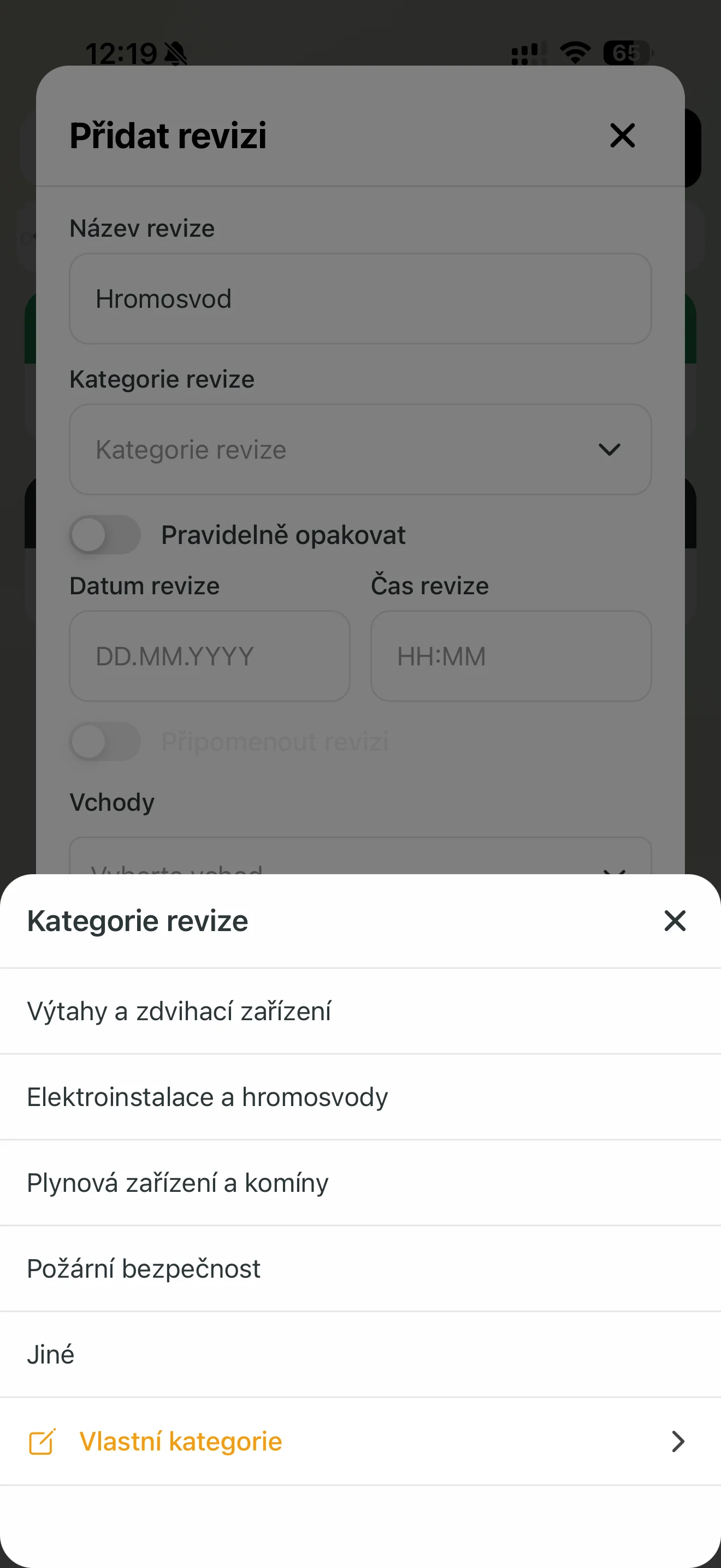 Výběr kategorie revize